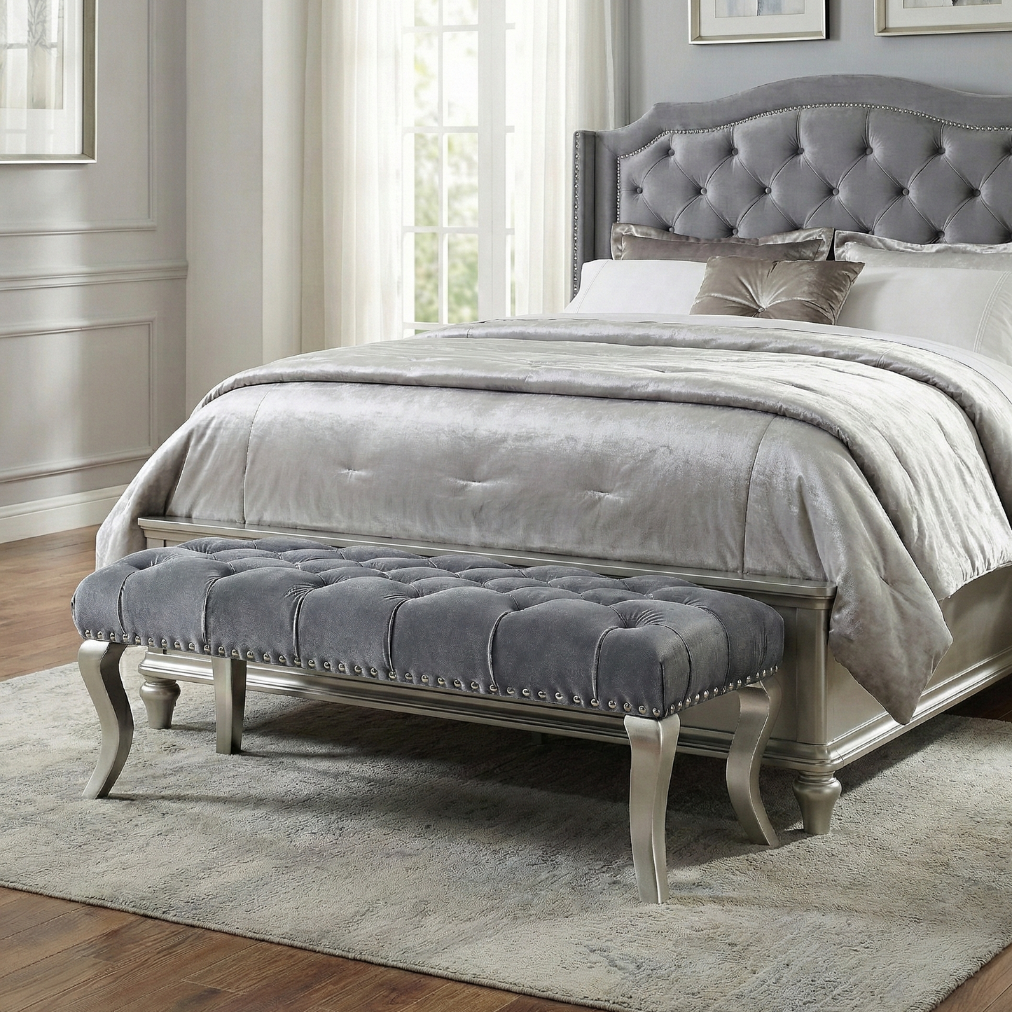 Decor Maxem Tufted Fabric Upholstered Seat with Nailhead Trim Bench, Gray