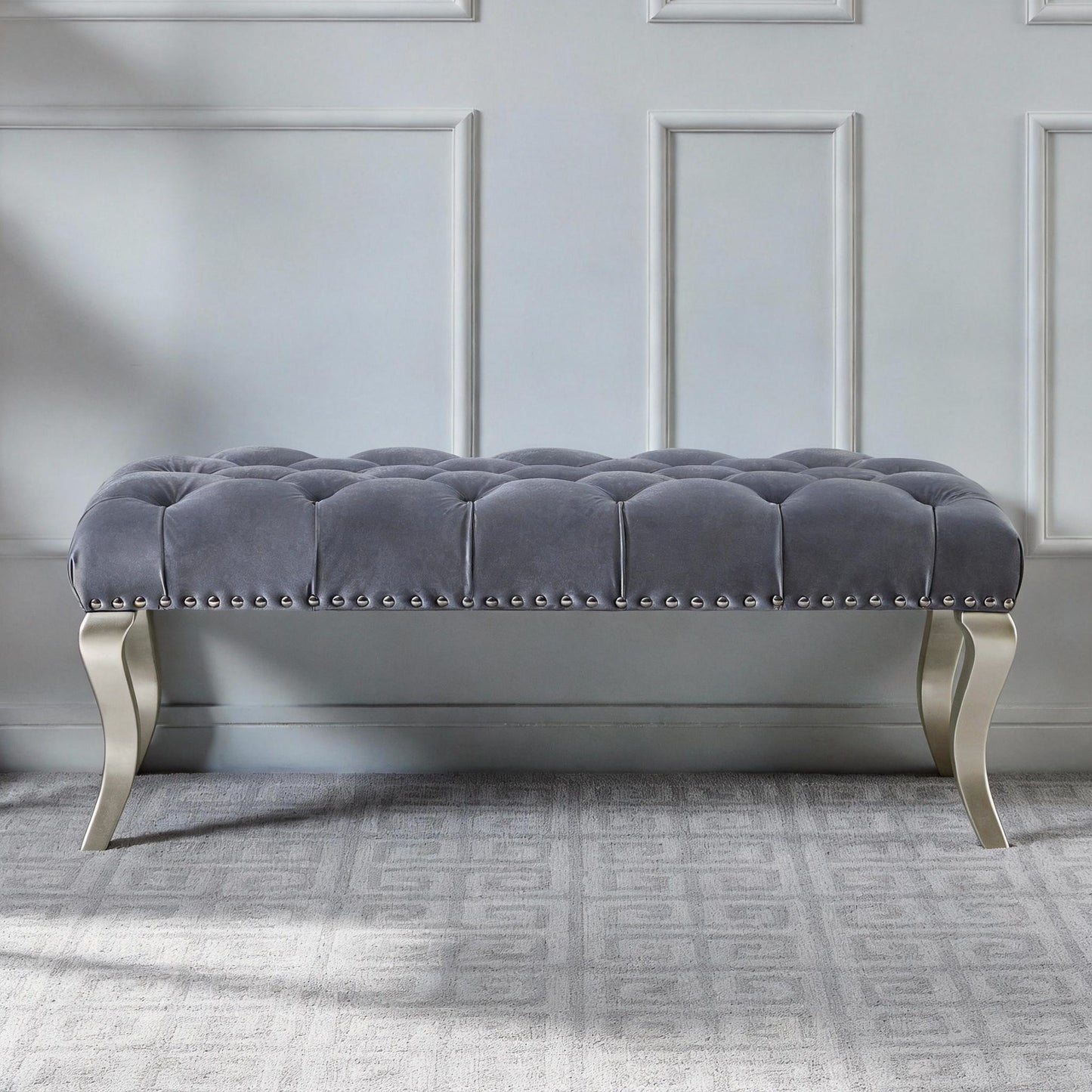 Decor Maxem Tufted Fabric Upholstered Seat with Nailhead Trim Bench, Gray