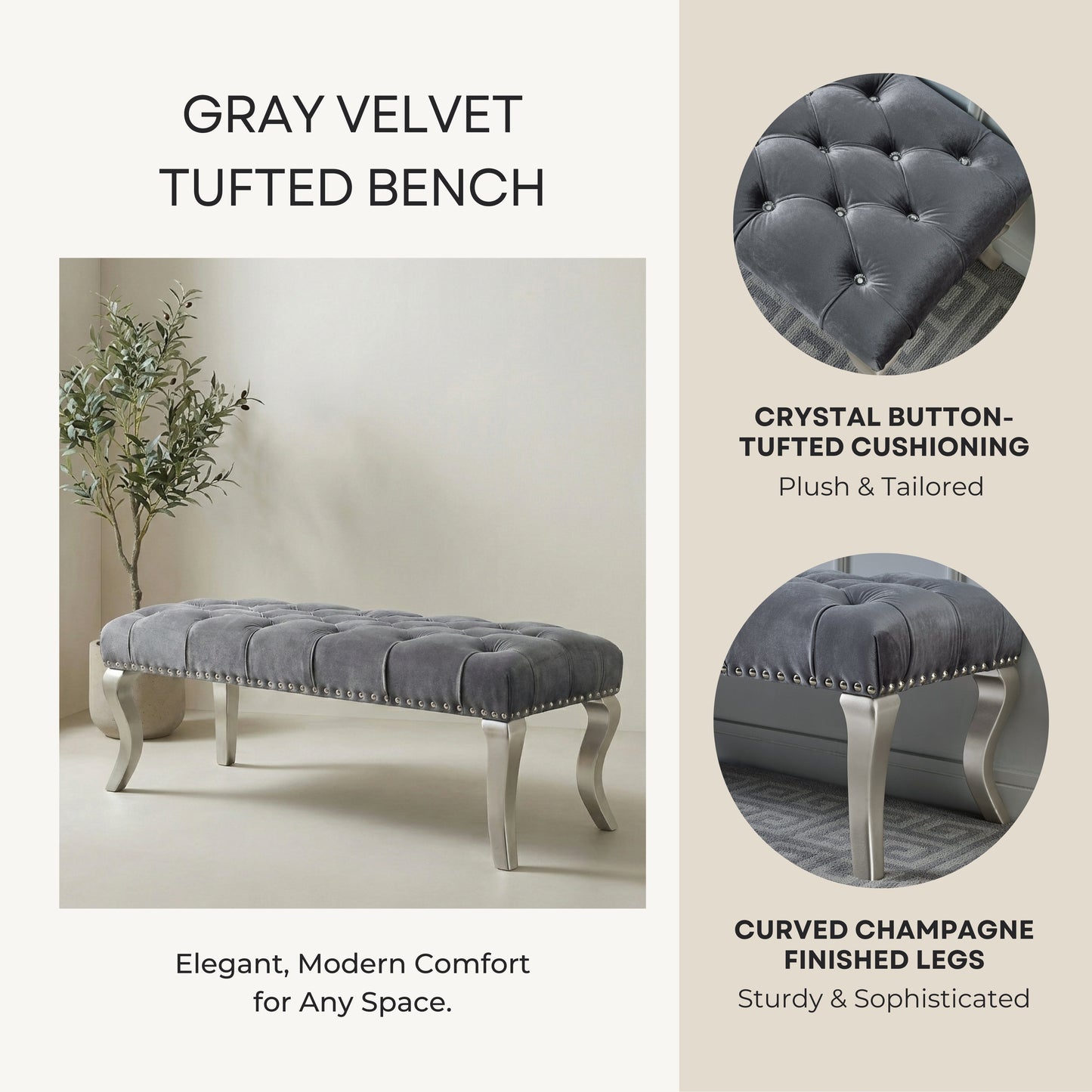 Decor Maxem Tufted Fabric Upholstered Seat with Nailhead Trim Bench, Gray