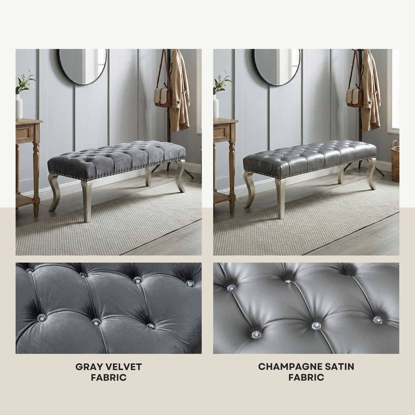 Decor Maxem Tufted Fabric Upholstered Seat with Nailhead Trim Bench, Gray