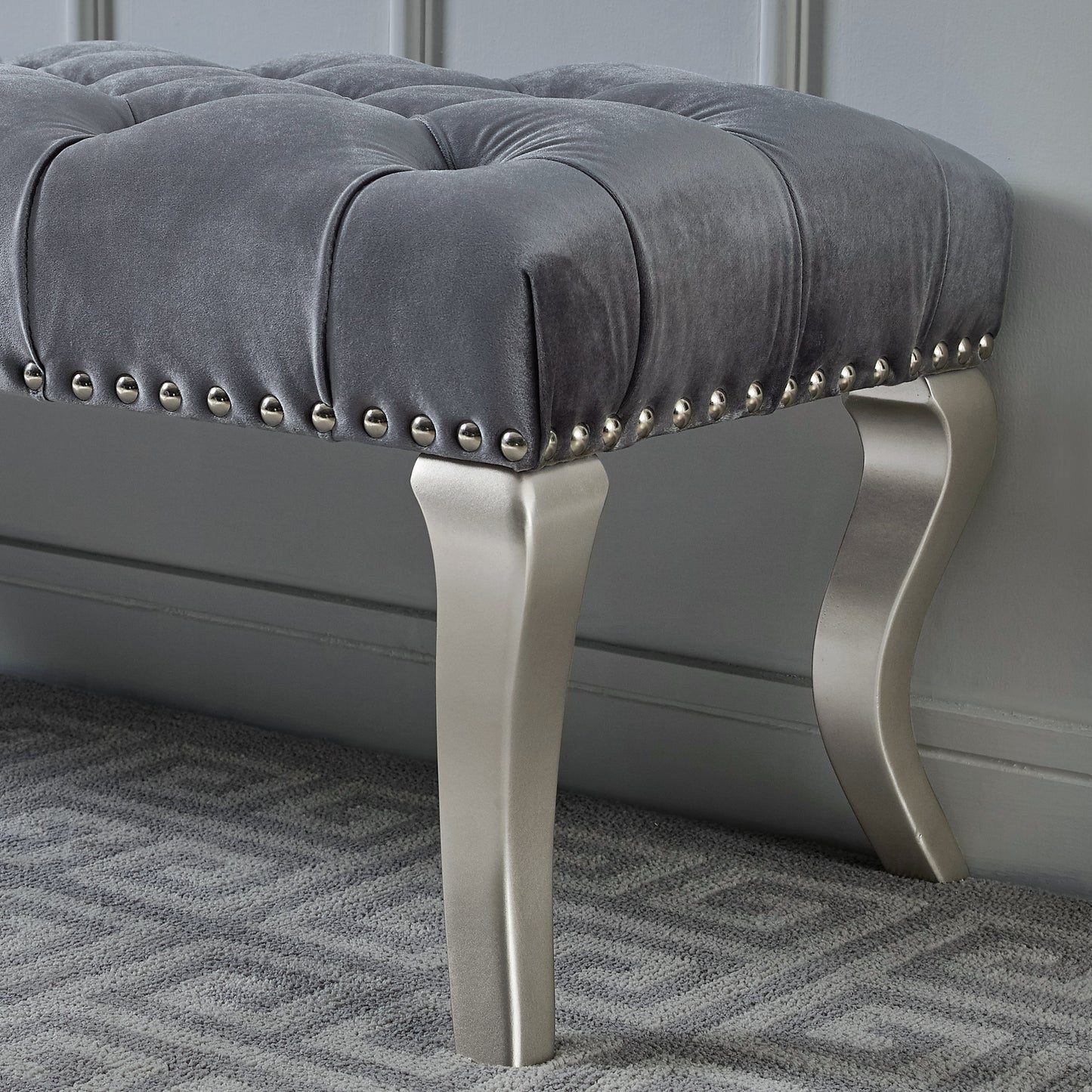 Decor Maxem Tufted Fabric Upholstered Seat with Nailhead Trim Bench, Gray
