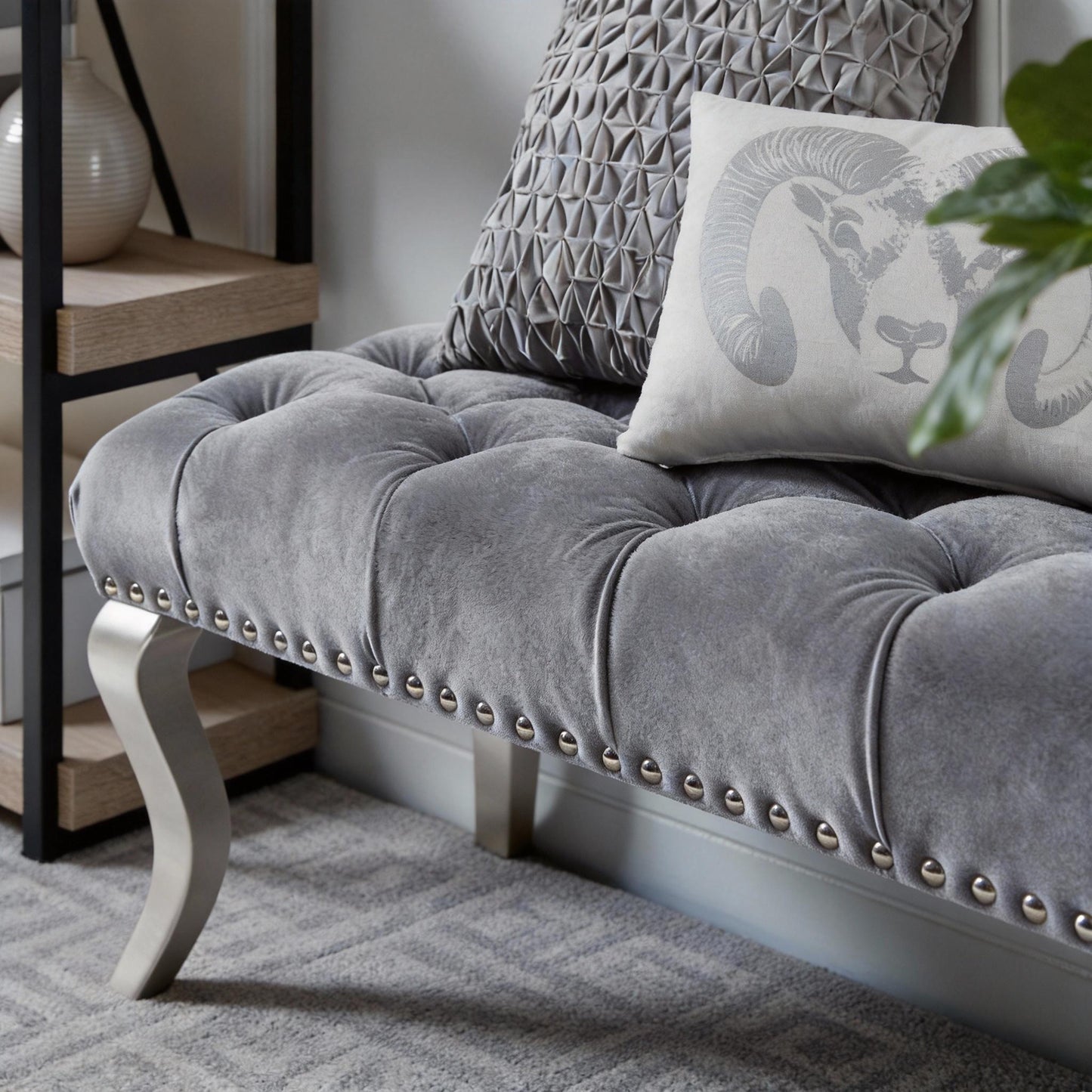 Decor Maxem Tufted Fabric Upholstered Seat with Nailhead Trim Bench, Gray