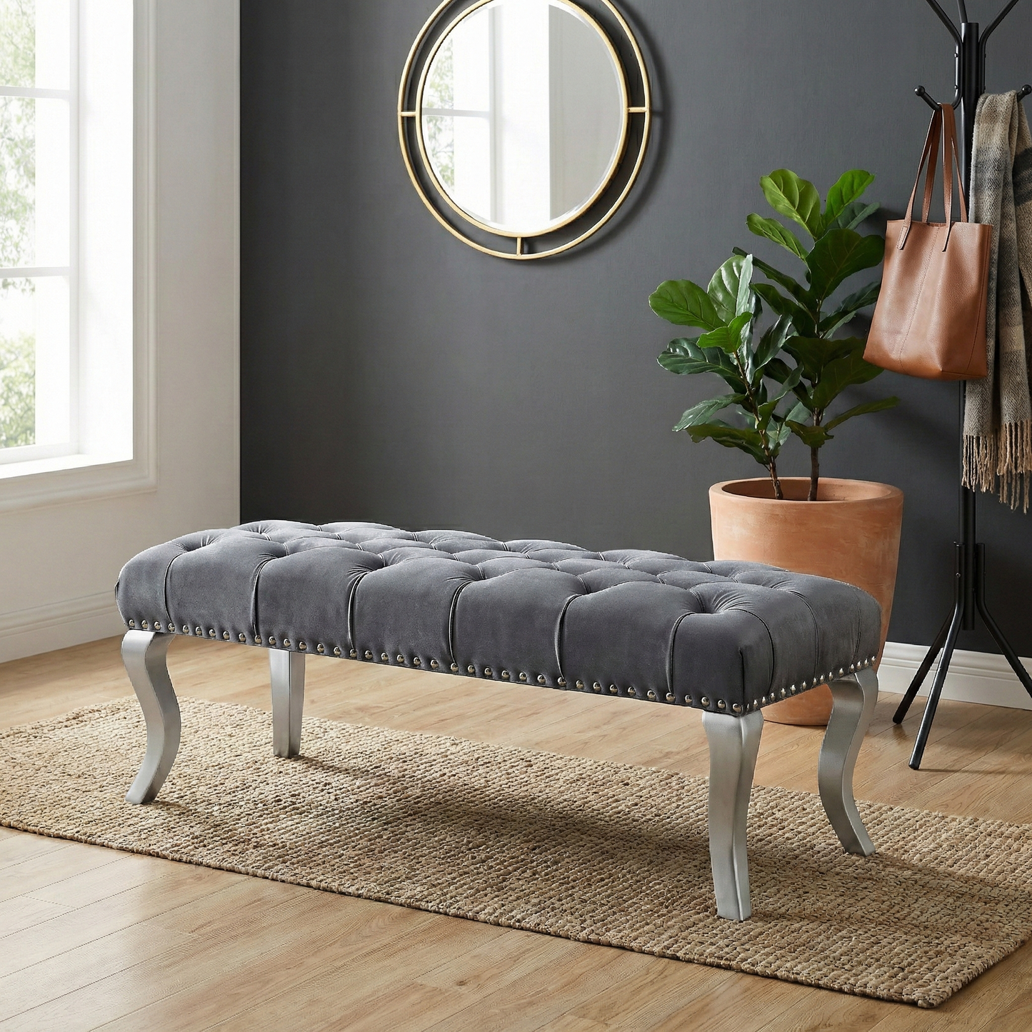 Decor Maxem Tufted Fabric Upholstered Seat with Nailhead Trim Bench, Gray