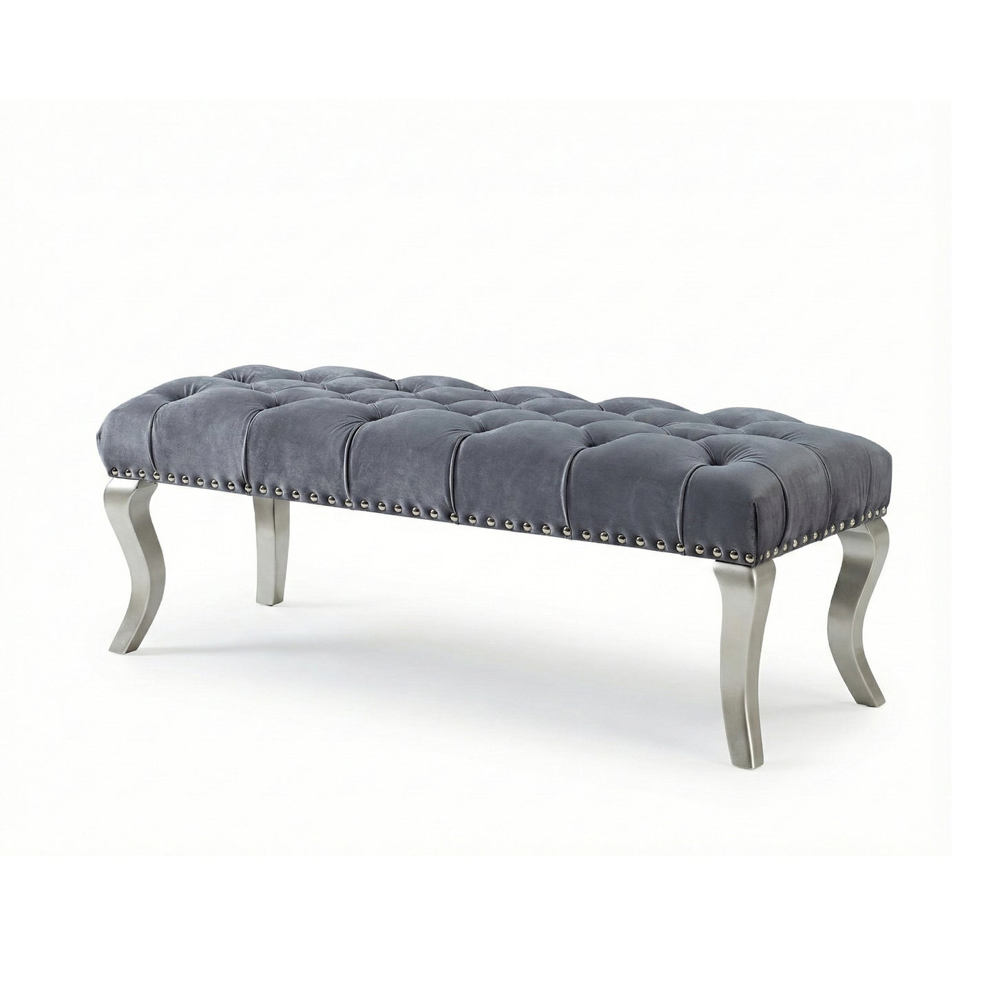 Decor Maxem Tufted Fabric Upholstered Seat with Nailhead Trim Bench, Gray
