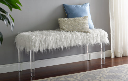 Roundhill Furniture Faux Fur Bench with Acrylic Legs, White