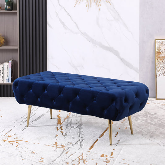 Roundhill Furniture Sira Velvet Button Tufted Bench with Gold Metal Legs, Blue