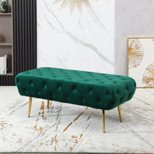 Roundhill Furniture Sira Velvet Button Tufted Bench with Gold Metal Legs, Green