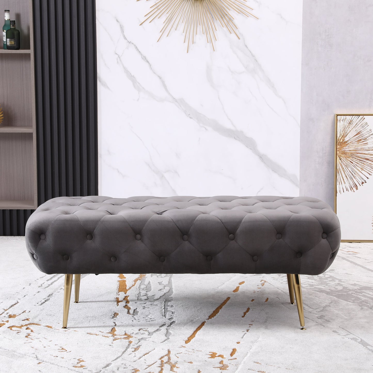 Roundhill Furniture Sira Velvet Button Tufted Bench with Gold Metal Legs, Gray