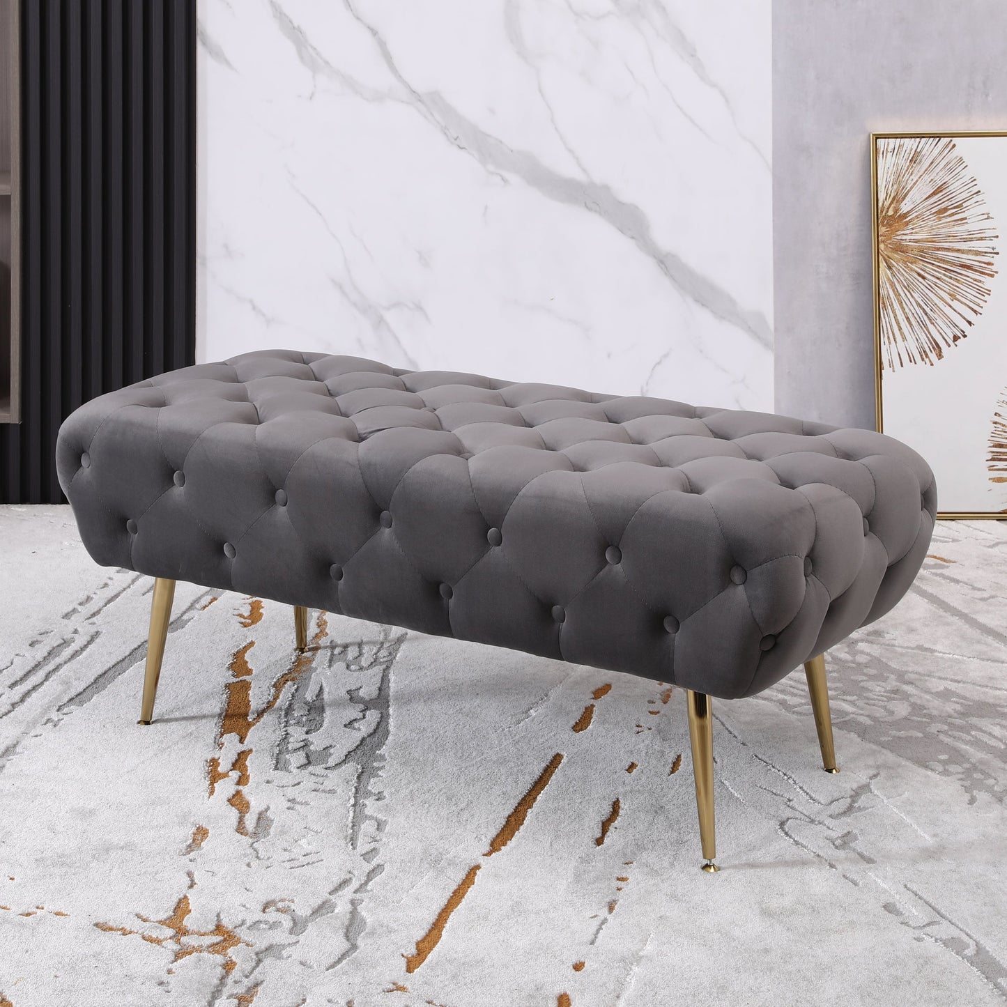 Roundhill Furniture Sira Velvet Button Tufted Bench with Gold Metal Legs, Gray