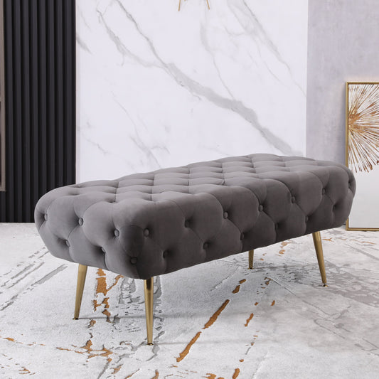 Roundhill Furniture Sira Velvet Button Tufted Bench with Gold Metal Legs, Gray