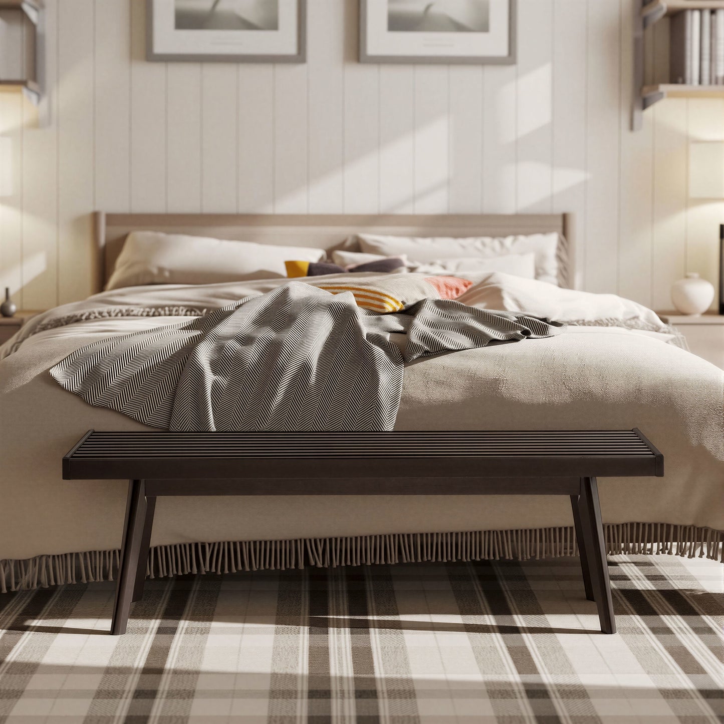 Roundhill Furniture Larwich Solid Wood Slatted Bench, 56.30-Inch Long