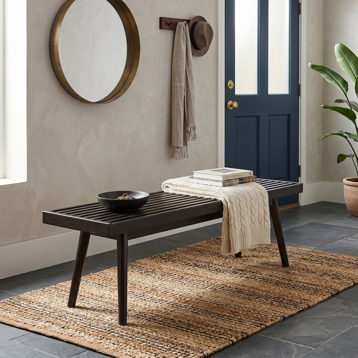 Roundhill Furniture Larwich Solid Wood Slatted Bench, 56.30-Inch Long
