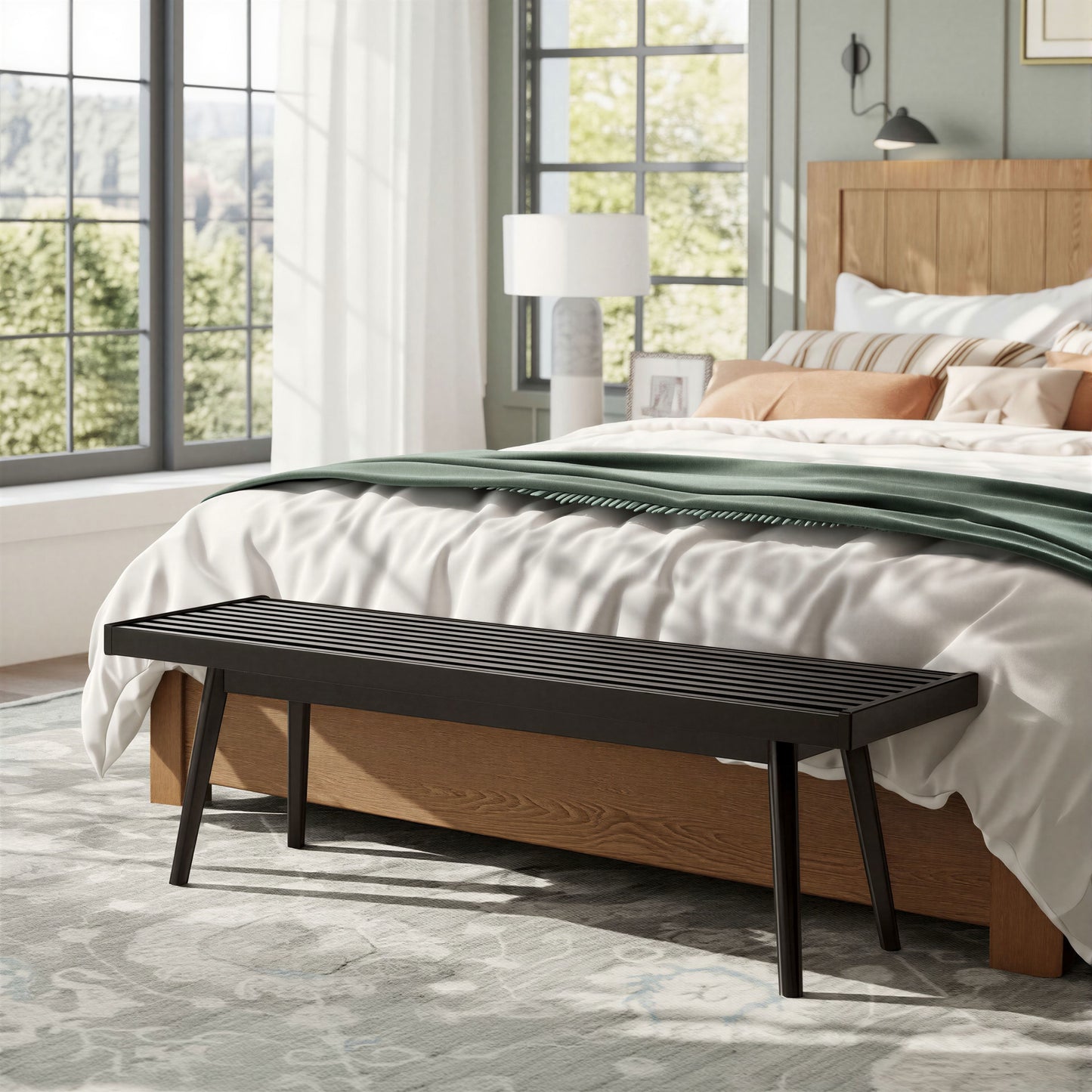 Roundhill Furniture Larwich Solid Wood Slatted Bench, 56.30-Inch Long