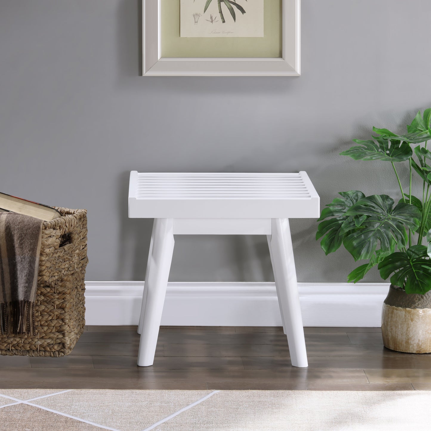 Roundhill Furniture Larwich Solid Wood Slatted Bench, 19-Inch Long, White