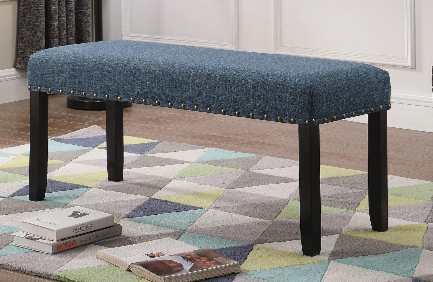 Roundhill Furniture Biony Fabric Dining Bench with Nailhead Trim, Blue