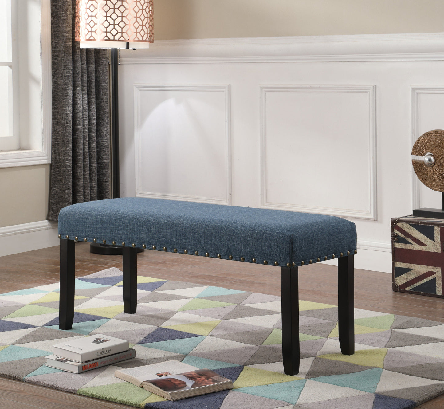 Roundhill Furniture Biony Fabric Dining Bench with Nailhead Trim, Blue