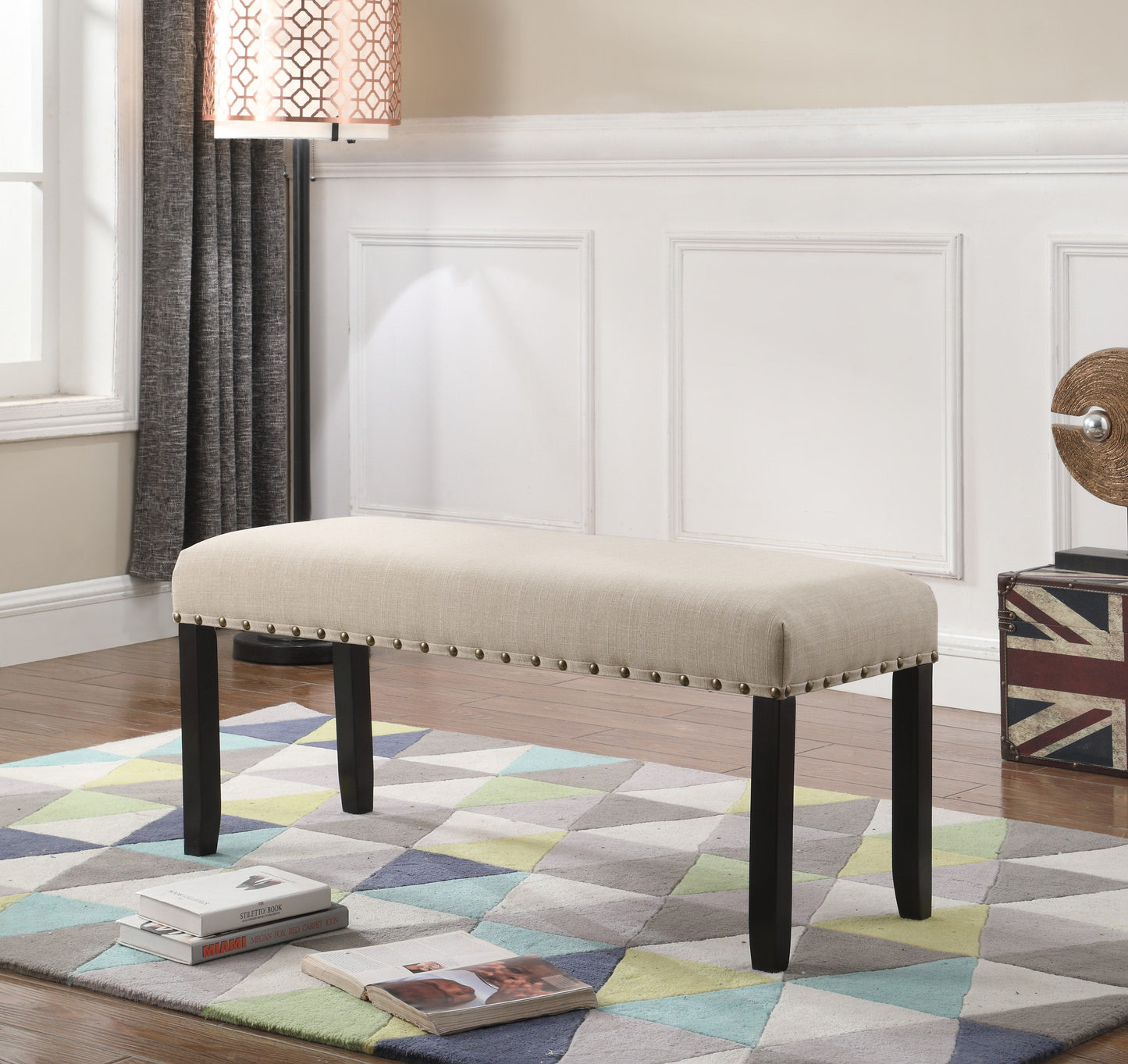 Roundhill Furniture Biony Fabric Dining Bench with Nailhead Trim, Tan