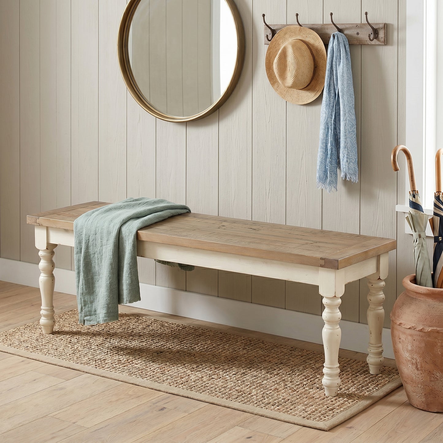 Prato 6-piece Dining Table Set With Cross Back Chairs and Bench, Antique White and Distressed Oak