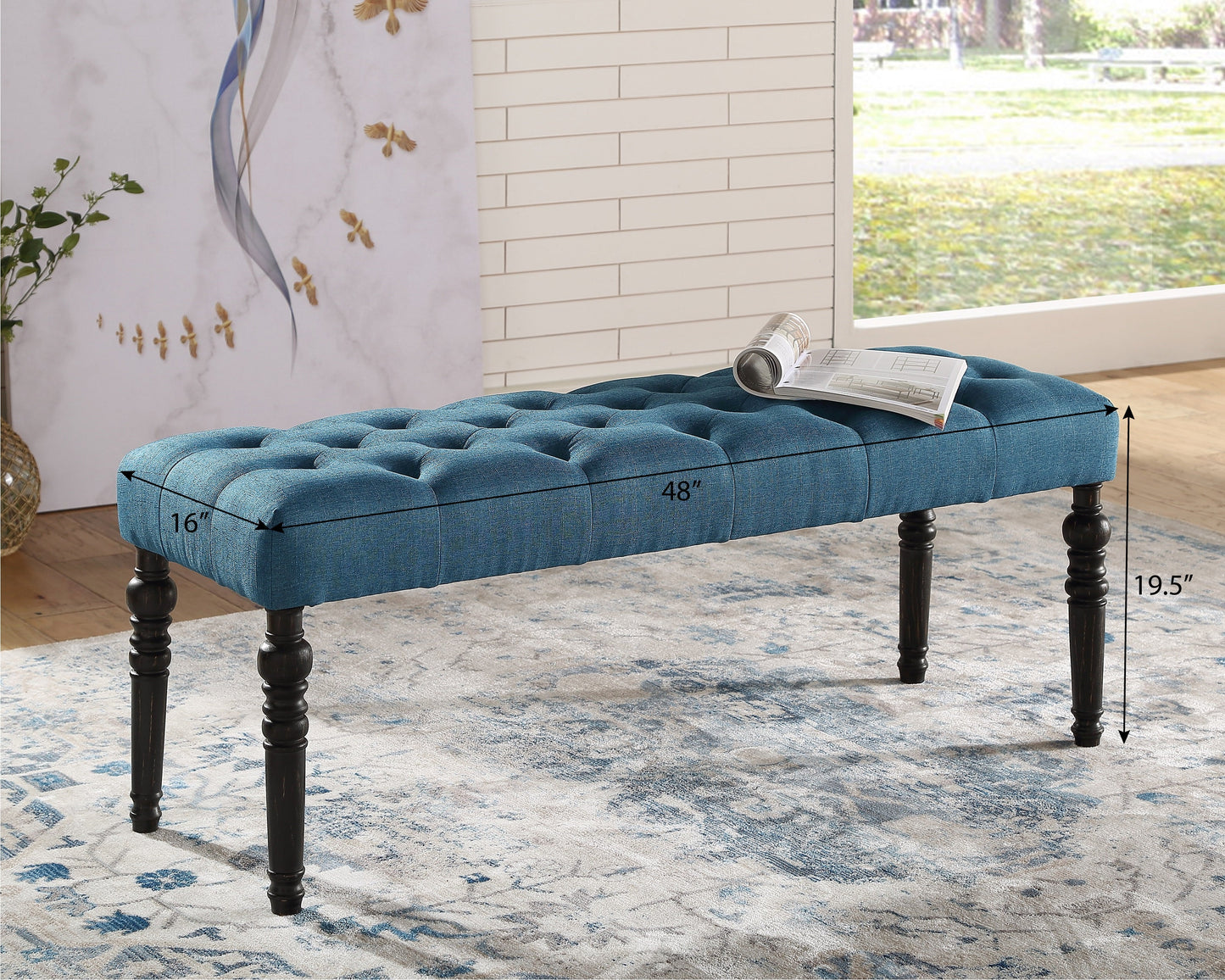 Roundhill Furniture Leviton Fabric Tufted Turned Leg Dining Bench, Blue