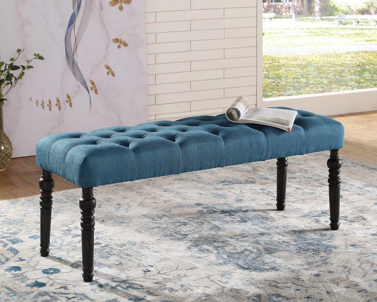 Roundhill Furniture Leviton Fabric Tufted Turned Leg Dining Bench, Blue