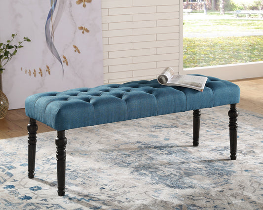 Roundhill Furniture Leviton Fabric Tufted Turned Leg Dining Bench, Blue