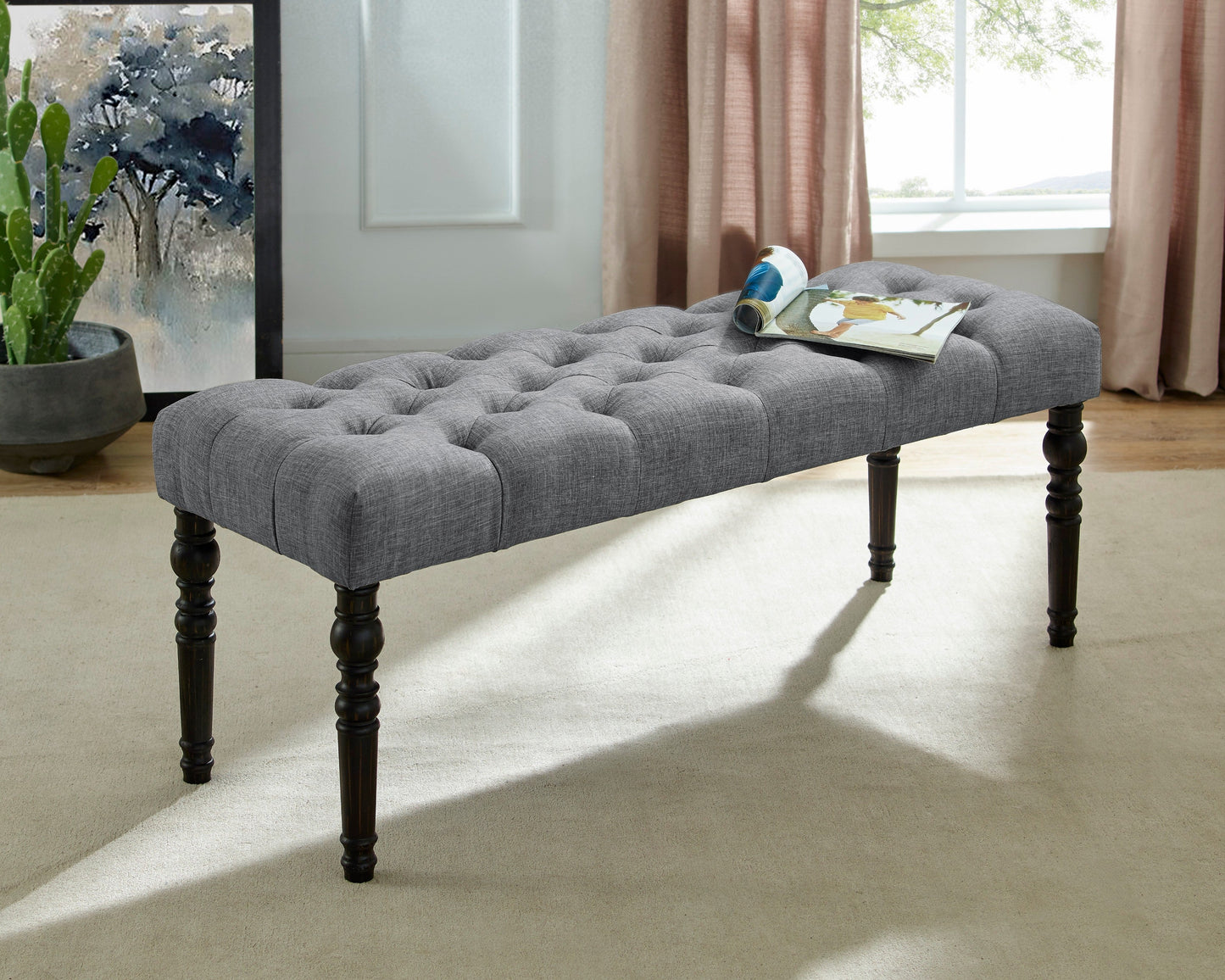 Leviton Fabric Tufted Turned Leg Dining Bench, Gray