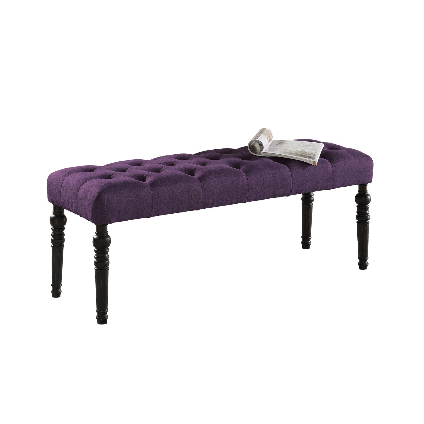 Roundhill Furniture Leviton Fabric Tufted Turned Leg Dining Bench, Purple