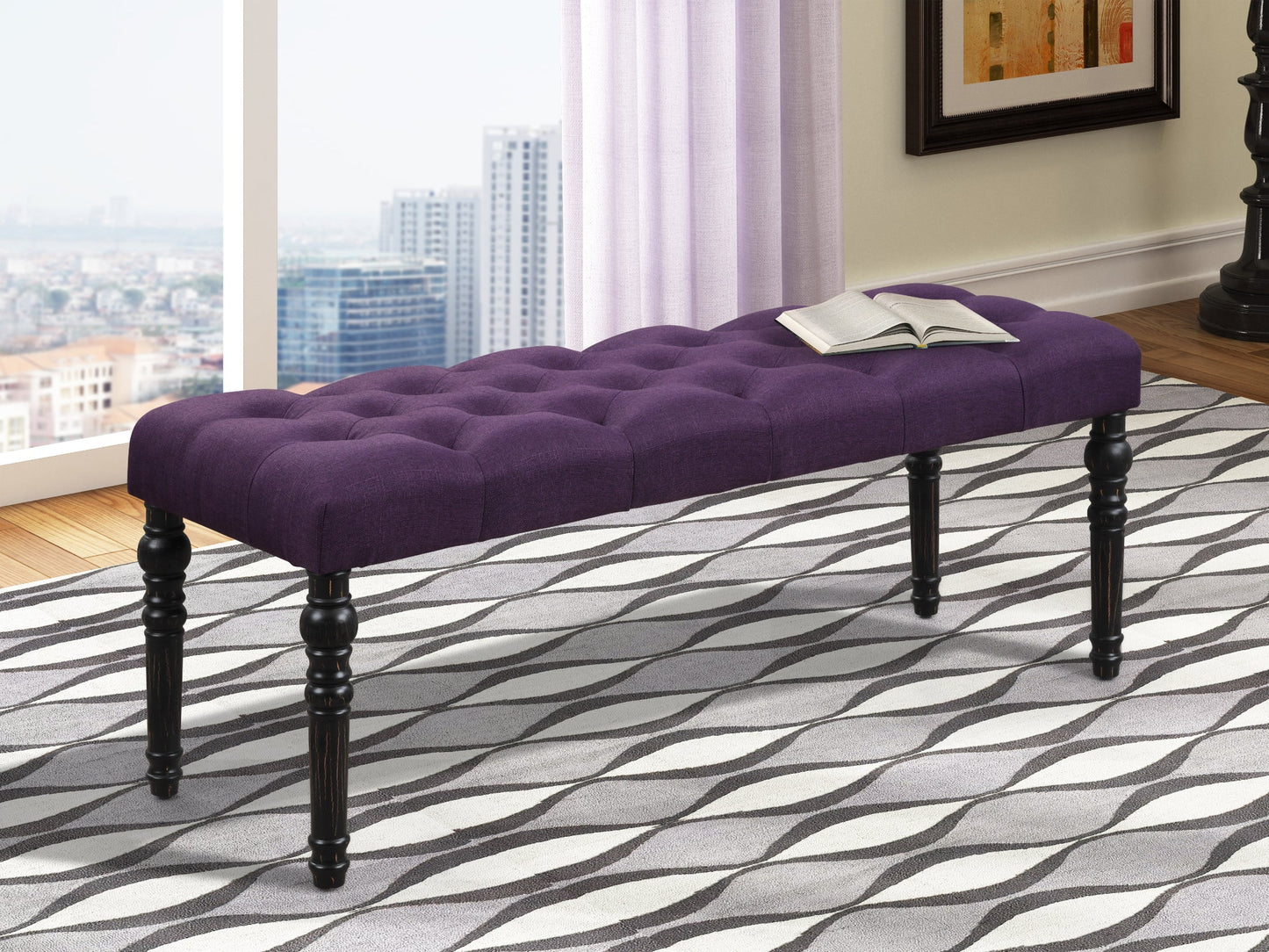 Roundhill Furniture Leviton Fabric Tufted Turned Leg Dining Bench, Purple