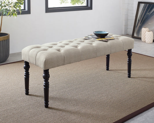 Leviton Fabric Tufted Turned Leg Dining Bench, Tan
