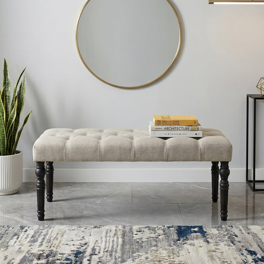 Leviton Fabric Tufted Turned Leg Dining Bench, Tan