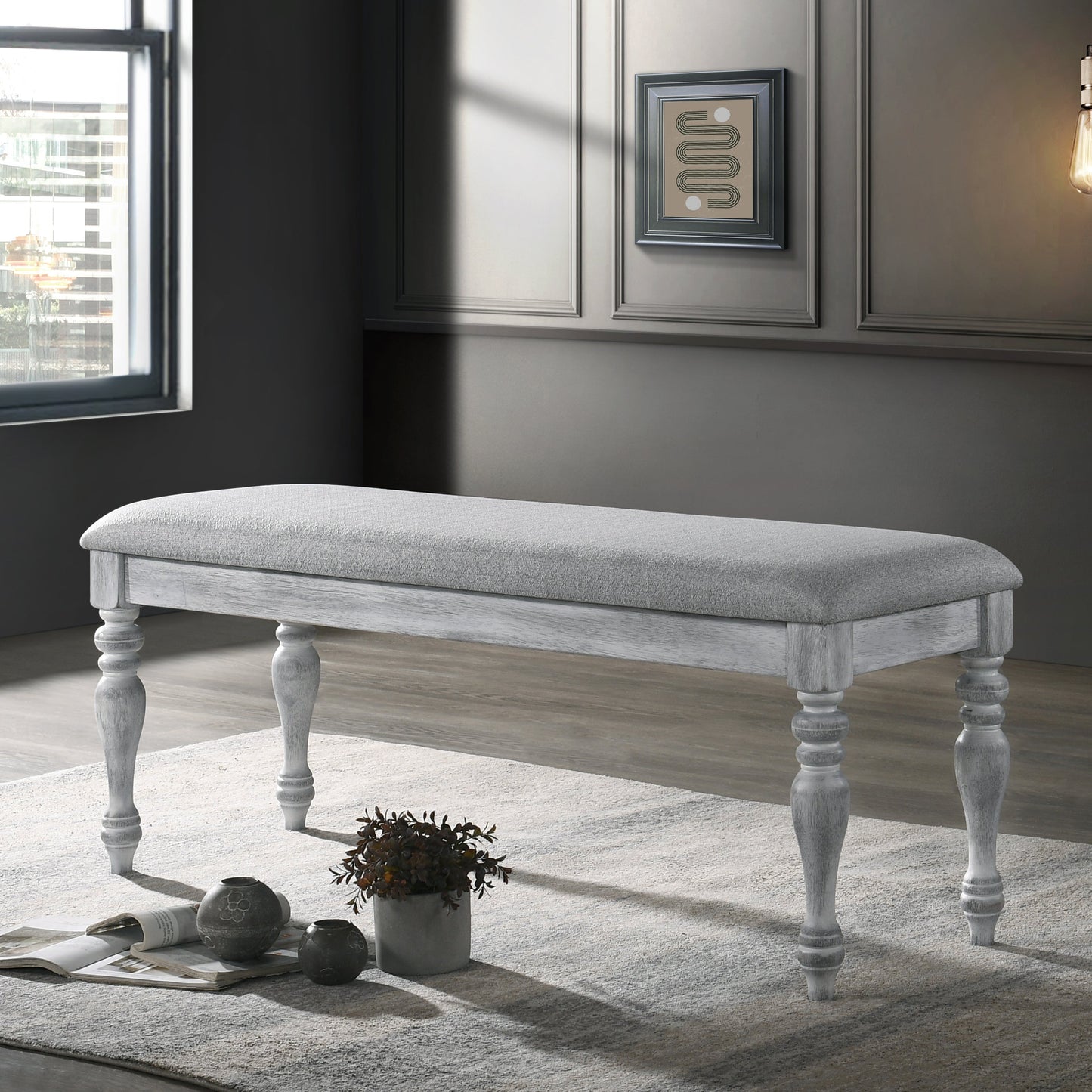 Roundhill Furniture Salines Upholstered Turned Leg Dining Bench, Rustic White