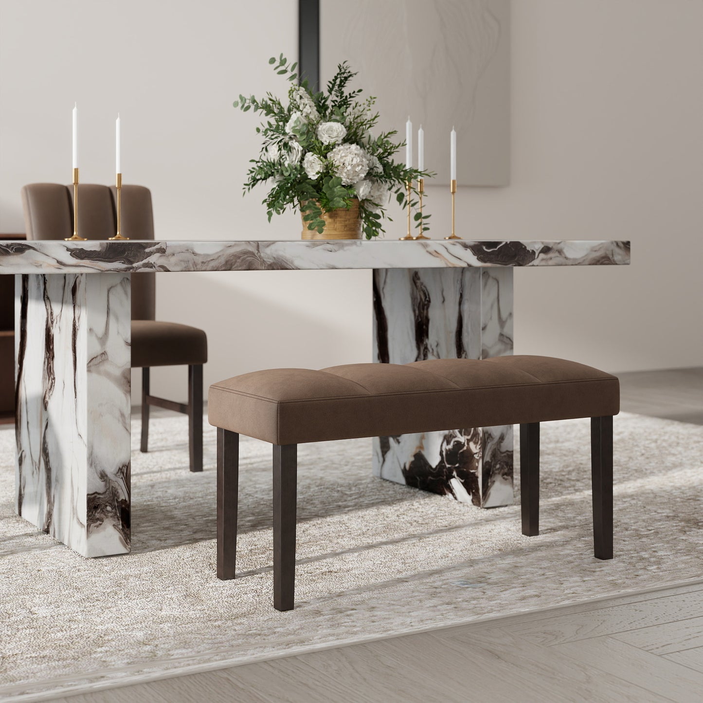 Roundhill Furniture Strata Velvet Upholstered Dining Bench, Chocolate