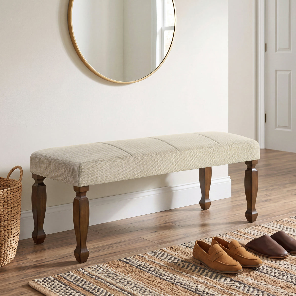 Roundhill Furniture Rowan Upholstered Turned Leg Wood Dining Bench, Beige