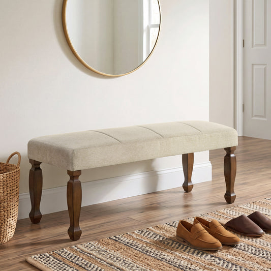 Roundhill Furniture Rowan Upholstered Turned Leg Wood Dining Bench, Beige