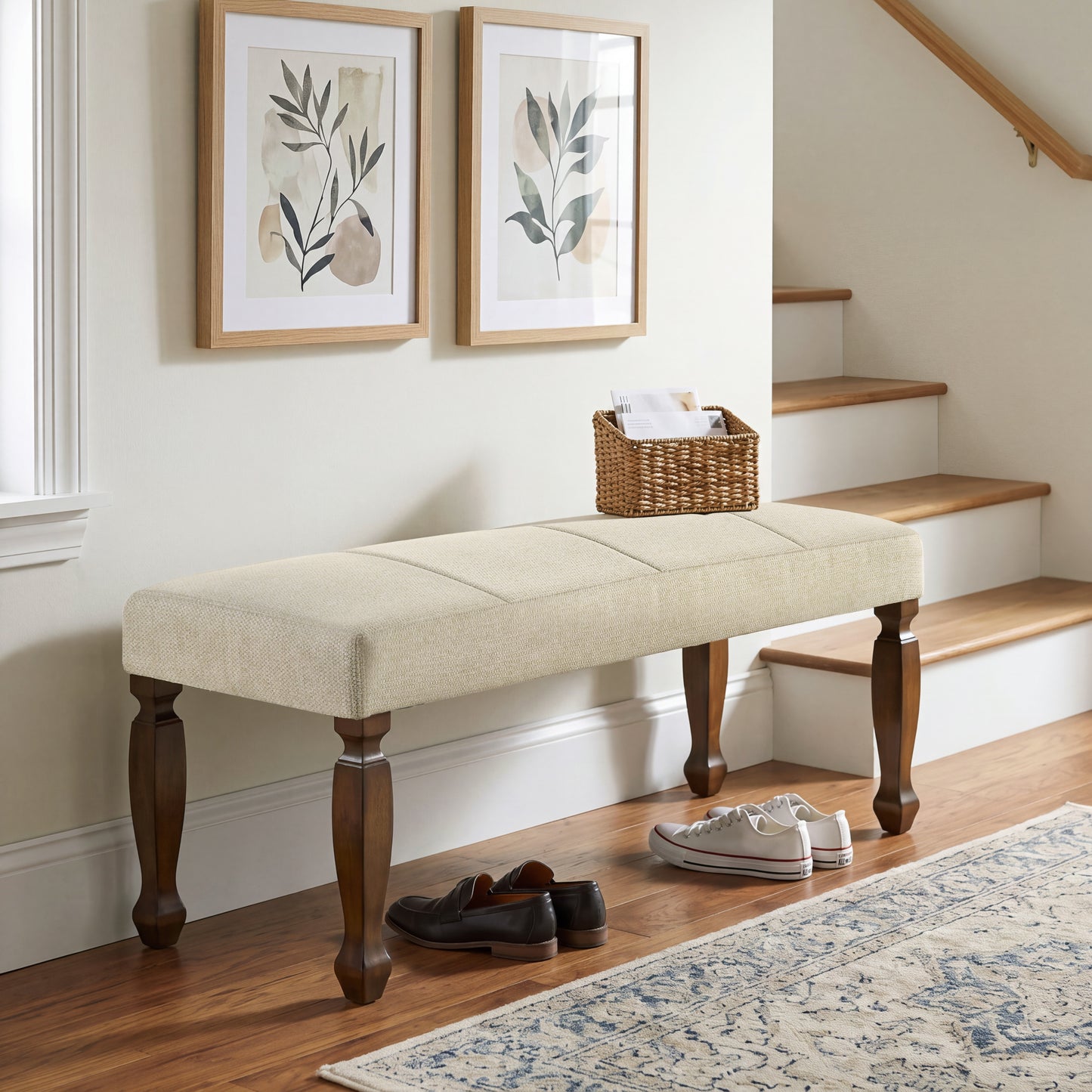 Roundhill Furniture Rowan Upholstered Turned Leg Wood Dining Bench, Beige