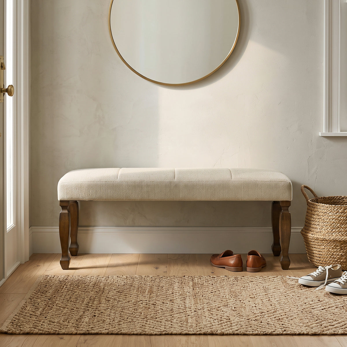 Roundhill Furniture Rowan Upholstered Turned Leg Wood Dining Bench, Beige
