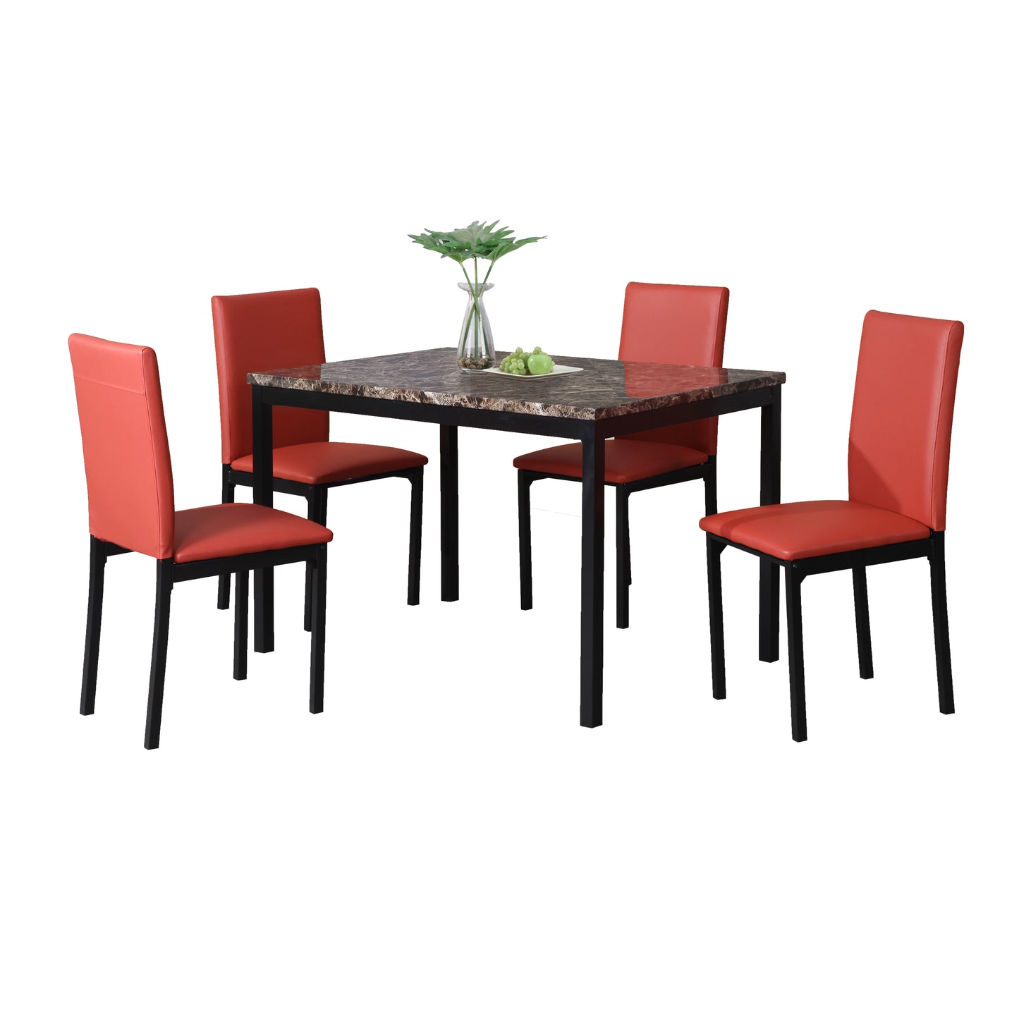 Roundhill Furniture Citico Metal Dinette Set with Laminated Faux Marble Top, Red, 5 Piece