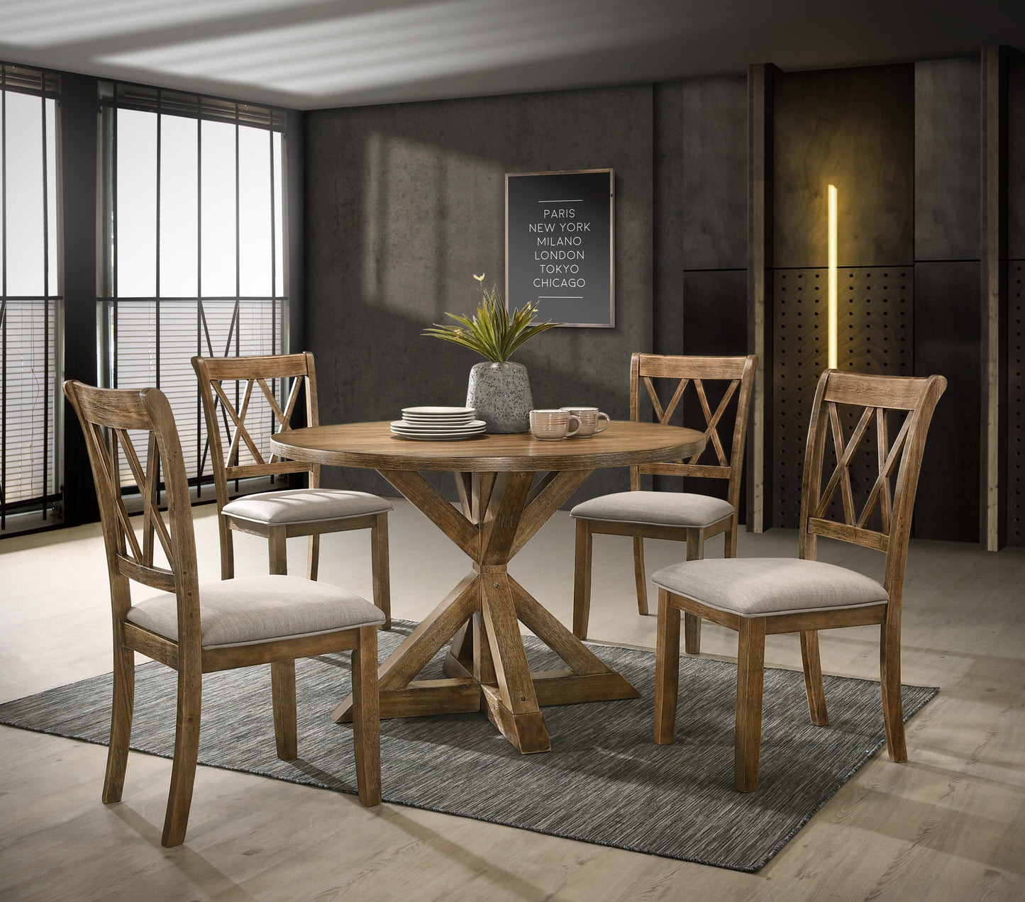 Windvale 5-Piece Dining Set, Cross-Buck Round Table with 4 Stylish Chairs