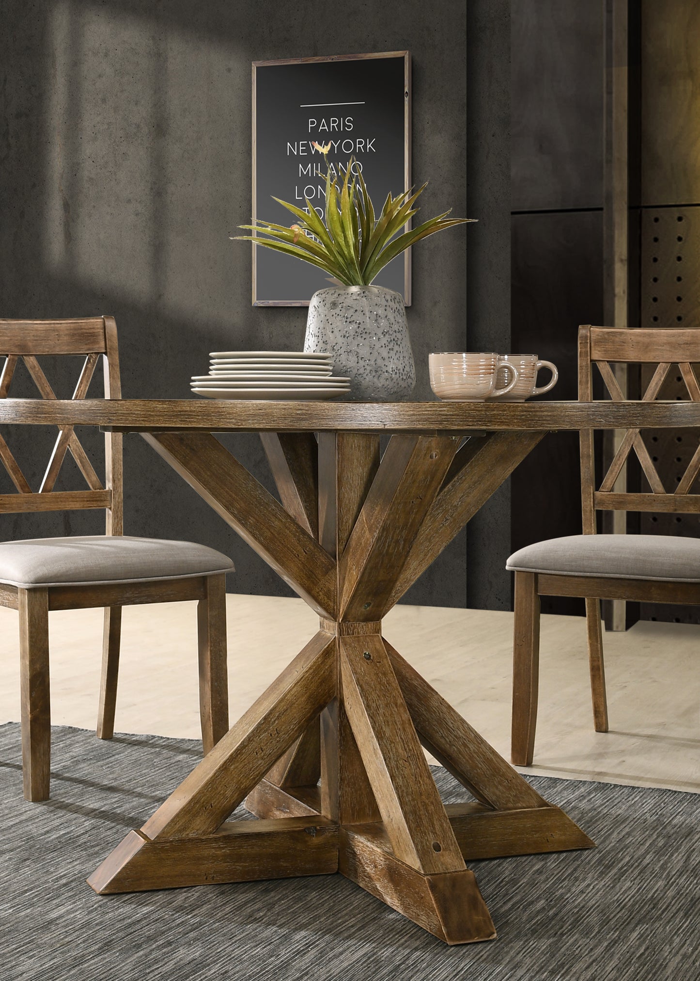 Windvale 5-Piece Dining Set, Cross-Buck Round Table with 4 Stylish Chairs