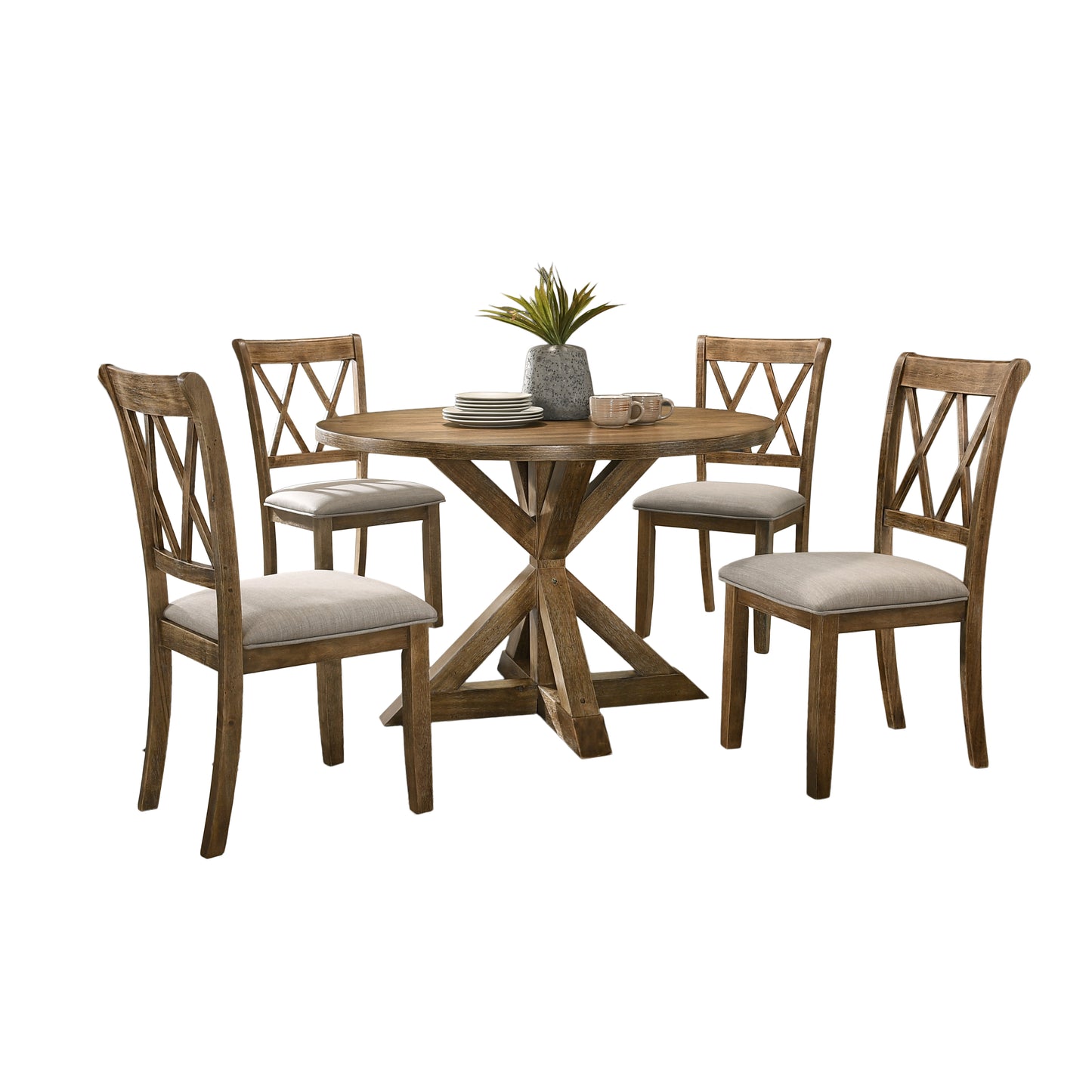 Windvale 5-Piece Dining Set, Cross-Buck Round Table with 4 Stylish Chairs