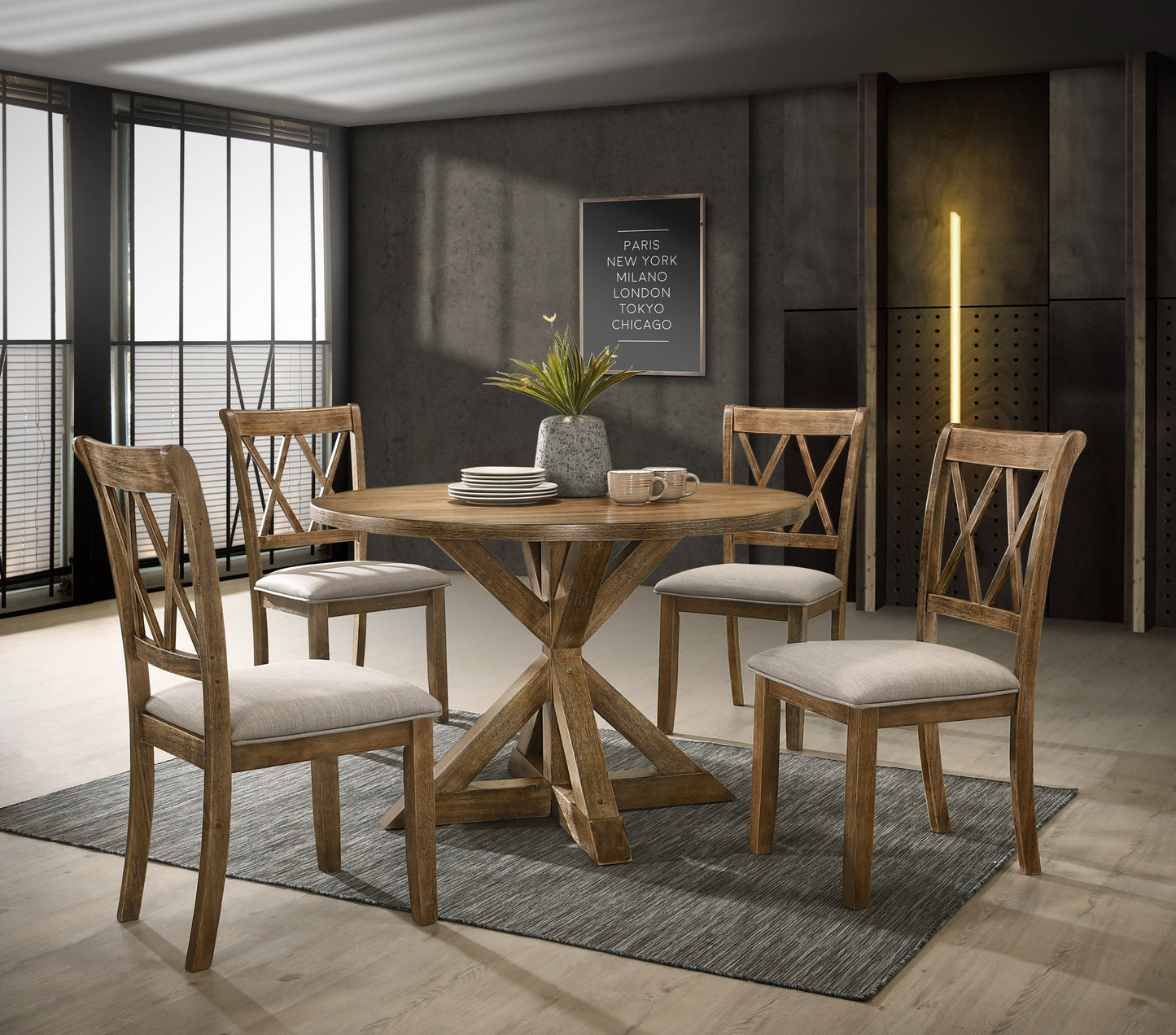 Roundhill Furniture Windvale Cross-Buck Wood 5-Piece Dining Set