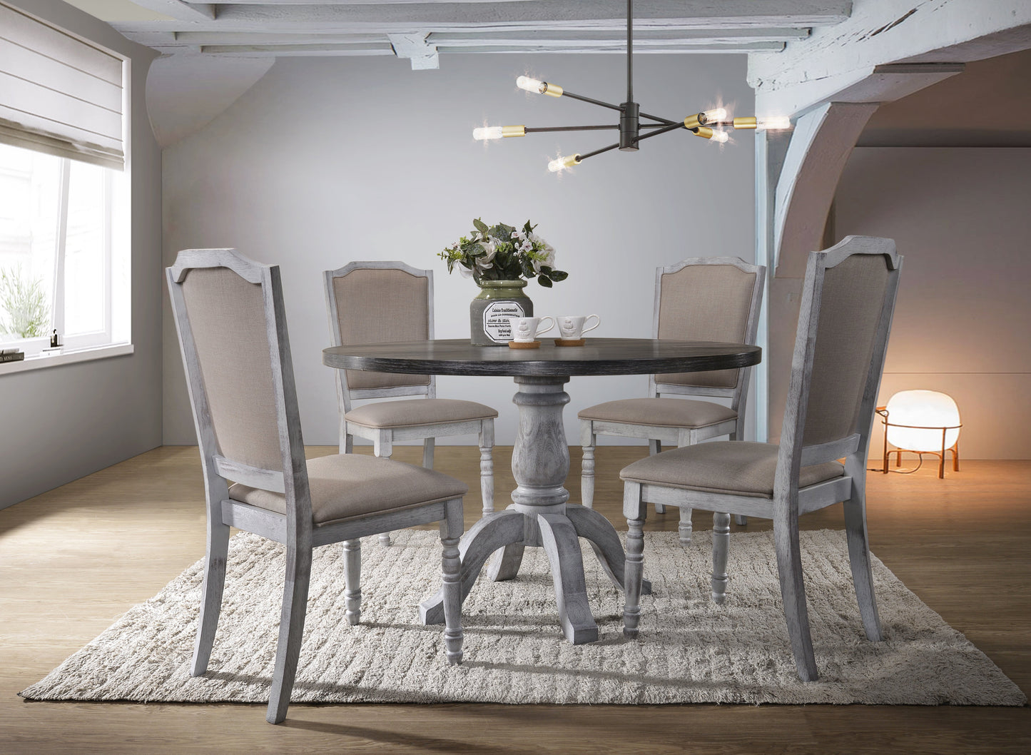 Roundhill Furniture Iris Wood Dining Set, Weathered White, 5-Piece