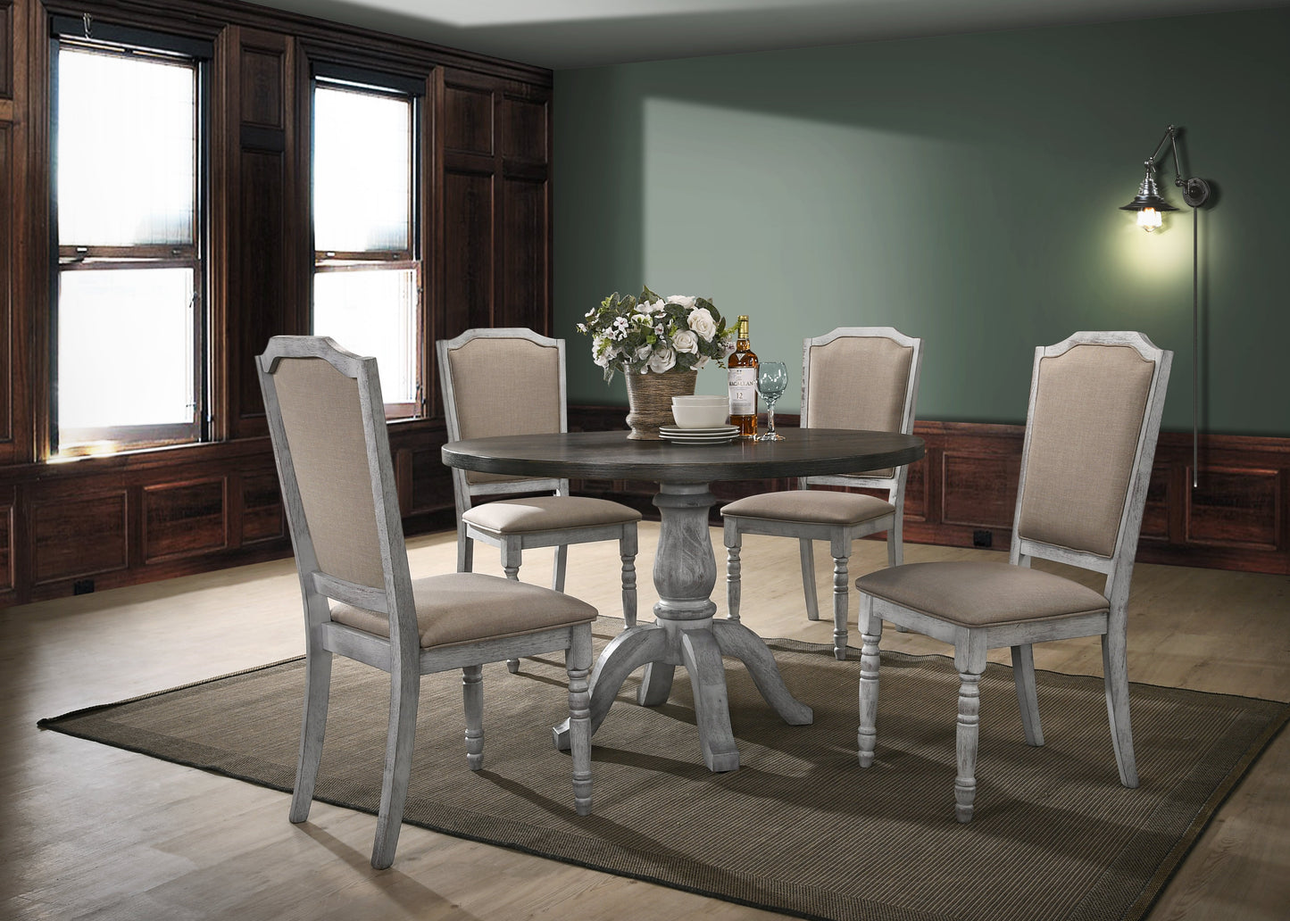 Roundhill Furniture Iris Wood Dining Set, Weathered White, 5-Piece