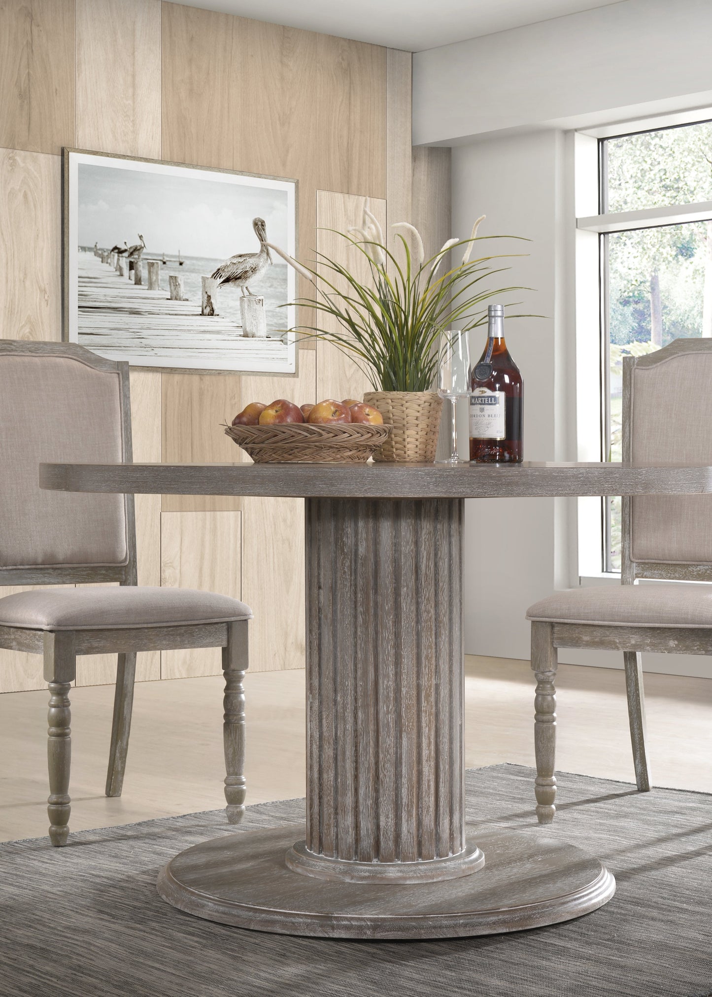 Ferran Wood Pedestal Dining Table Set in Reclaimed Gray