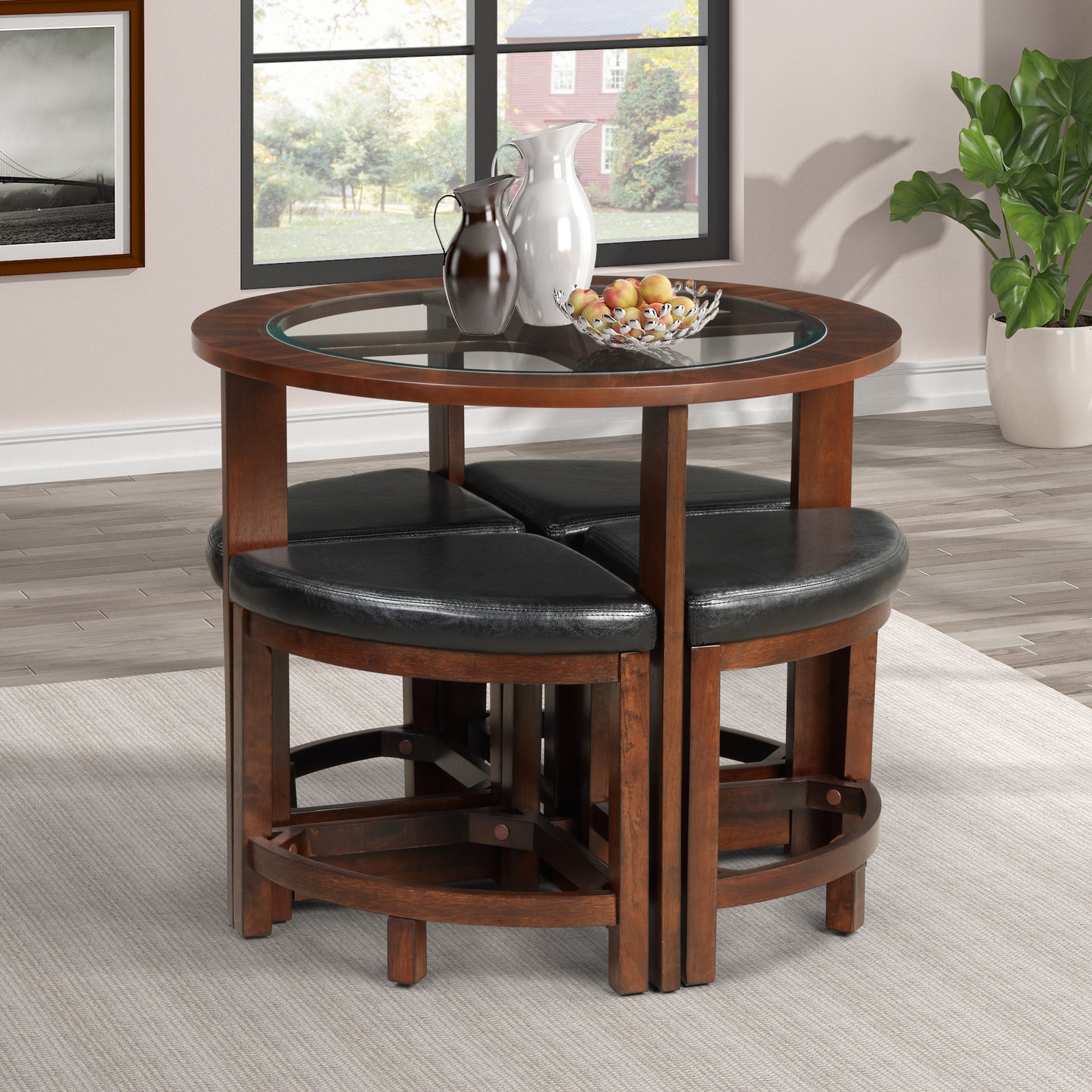 Roundhill Furniture Cylina Solid Wood Glass Top Round Dining Table with 4 Chairs