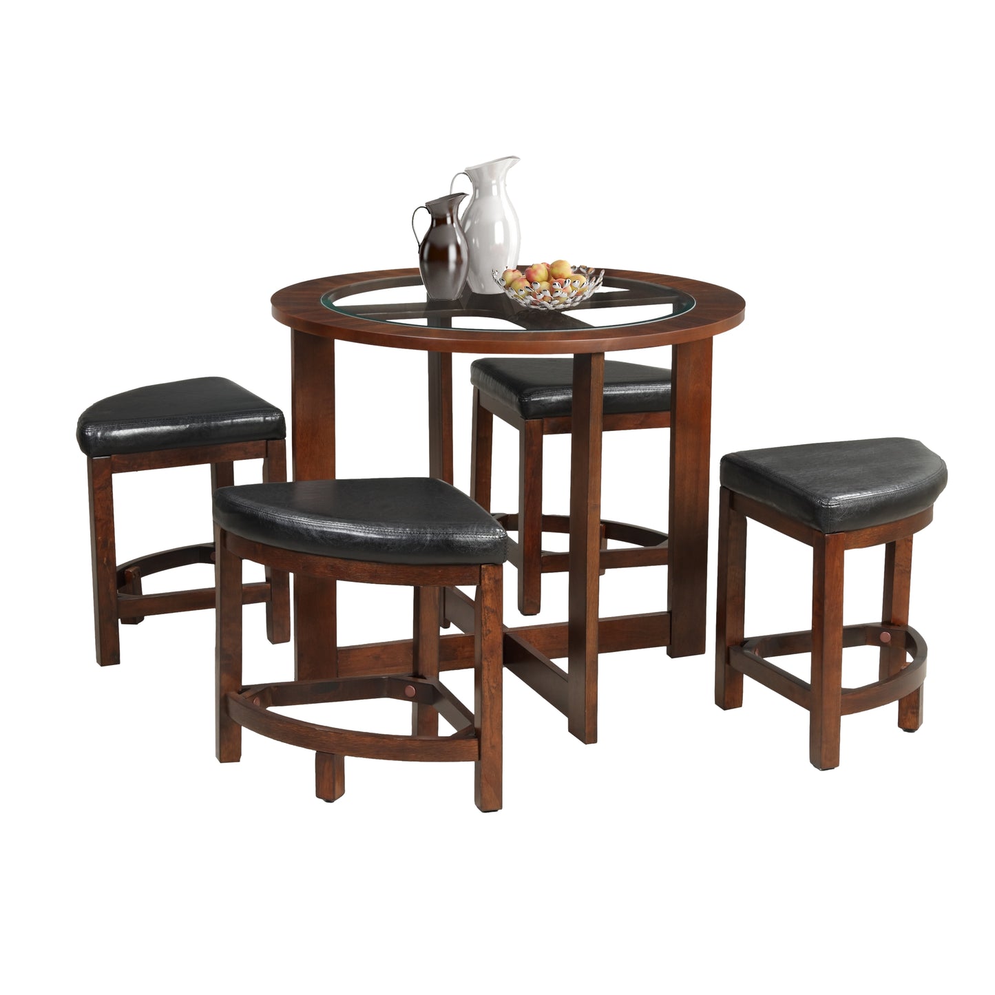 Roundhill Furniture Cylina Solid Wood Glass Top Round Dining Table with 4 Chairs