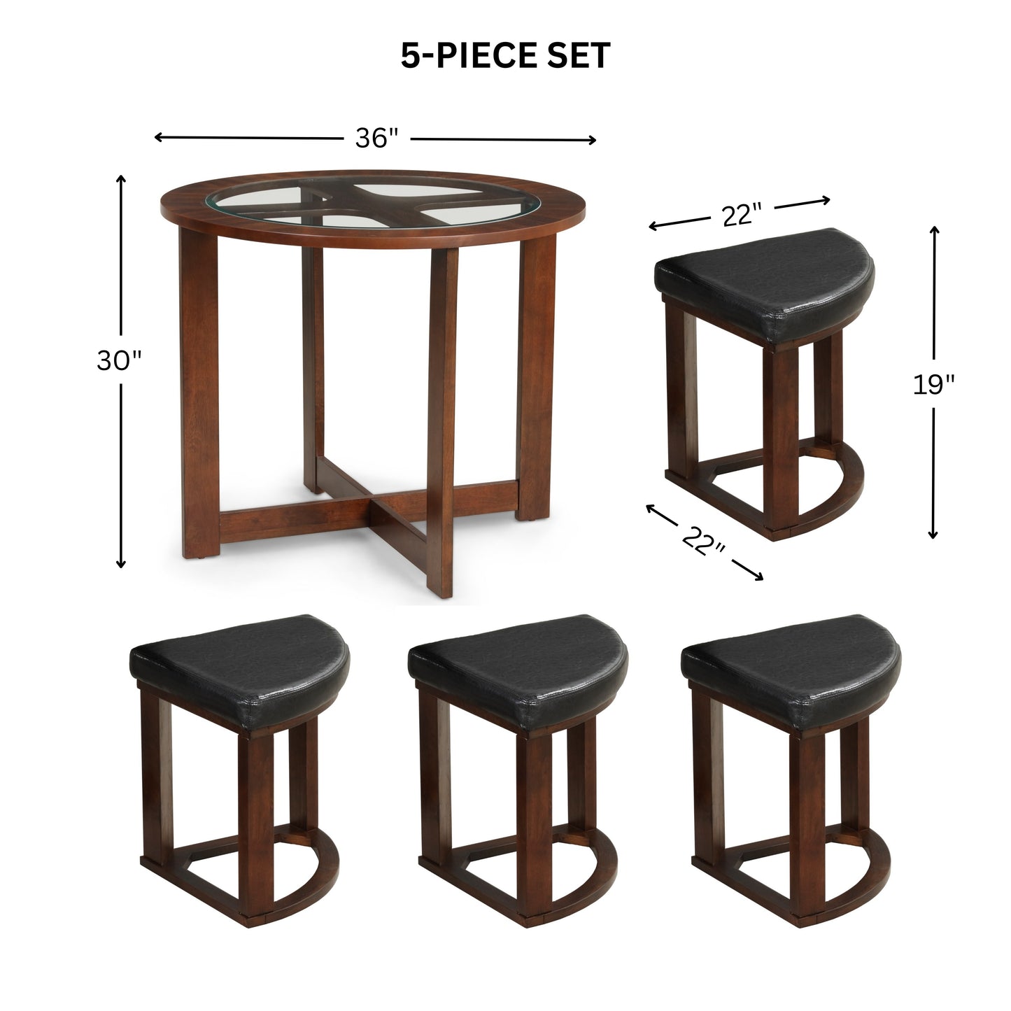 Solid Wood Glass Top Dining Table w/ 4 Chairs