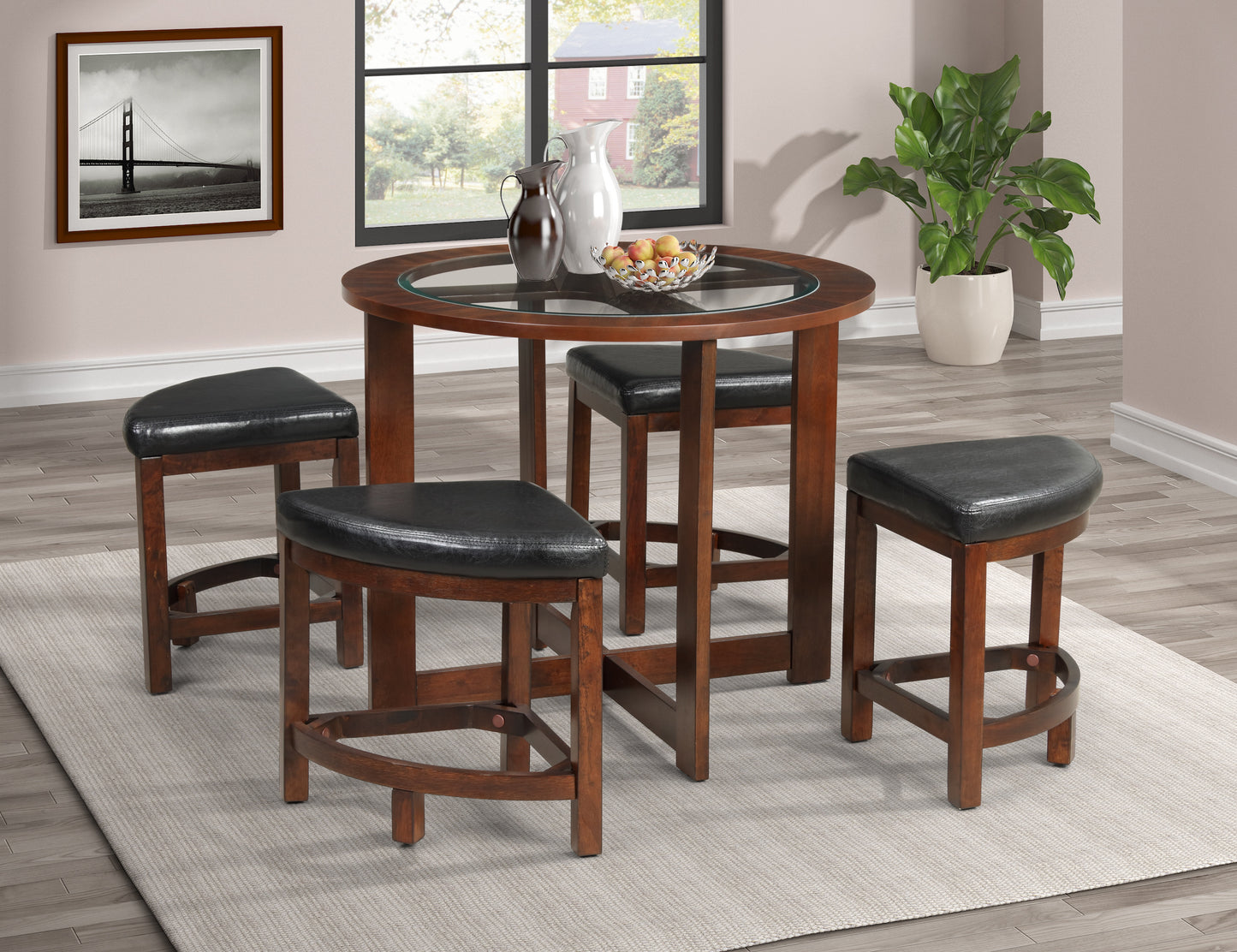 Roundhill Furniture Cylina Solid Wood Glass Top Round Dining Table with 4 Chairs