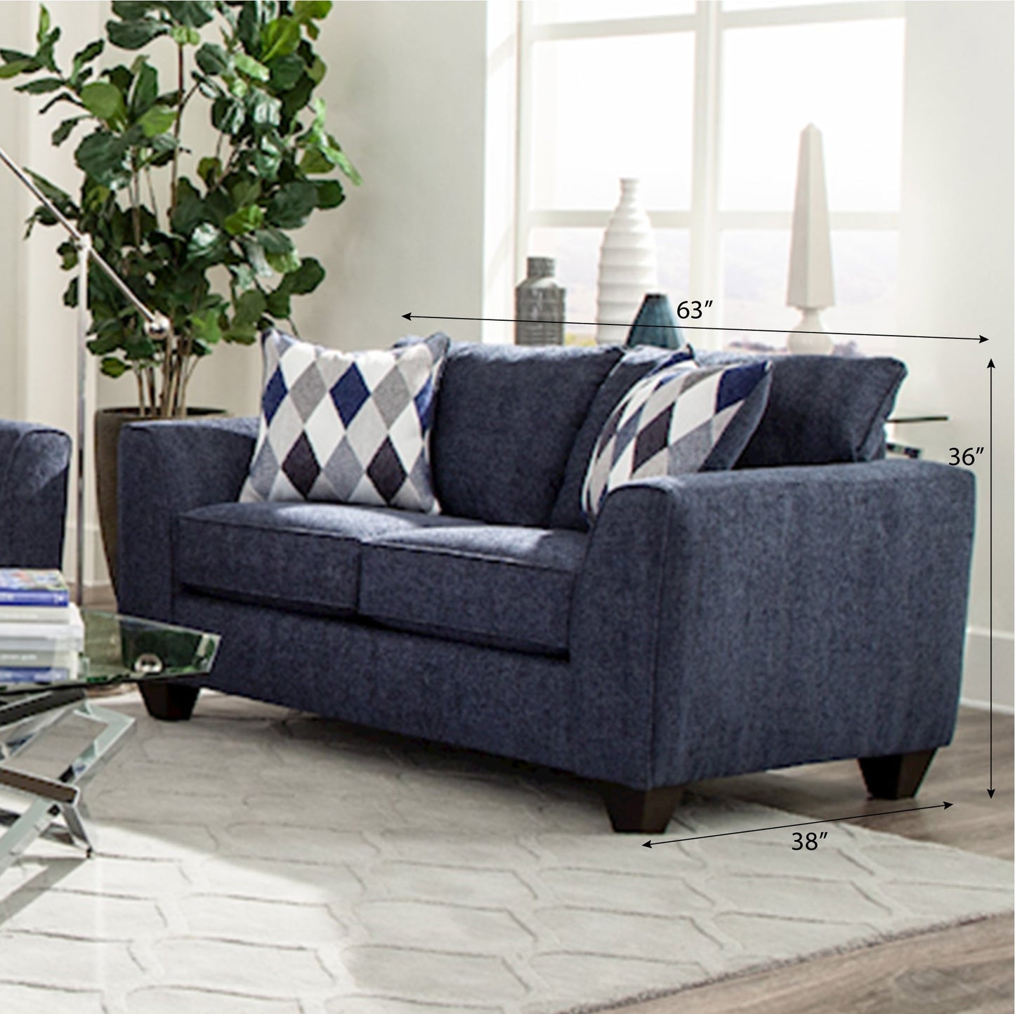 Kanta Contemporary Fabric Pillow Back Loveseat, Indigo