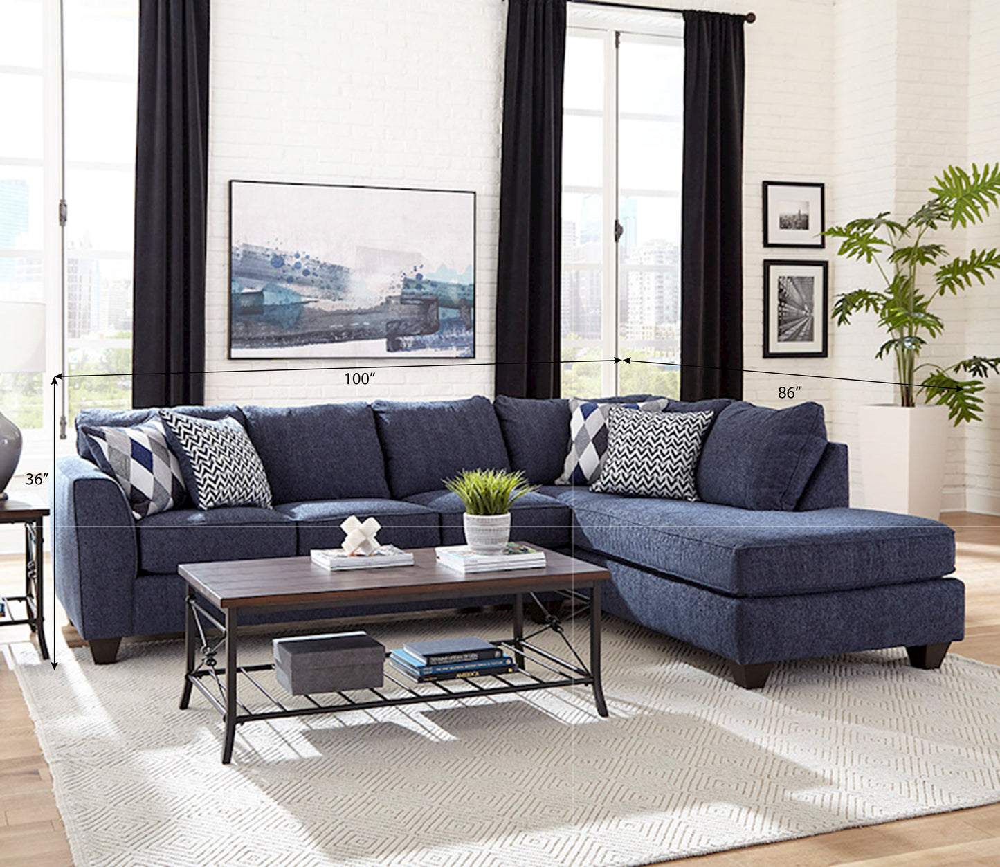 Kanta Contemporary Fabric Pillow Back L-Shape Sectional Sofa, Indigo